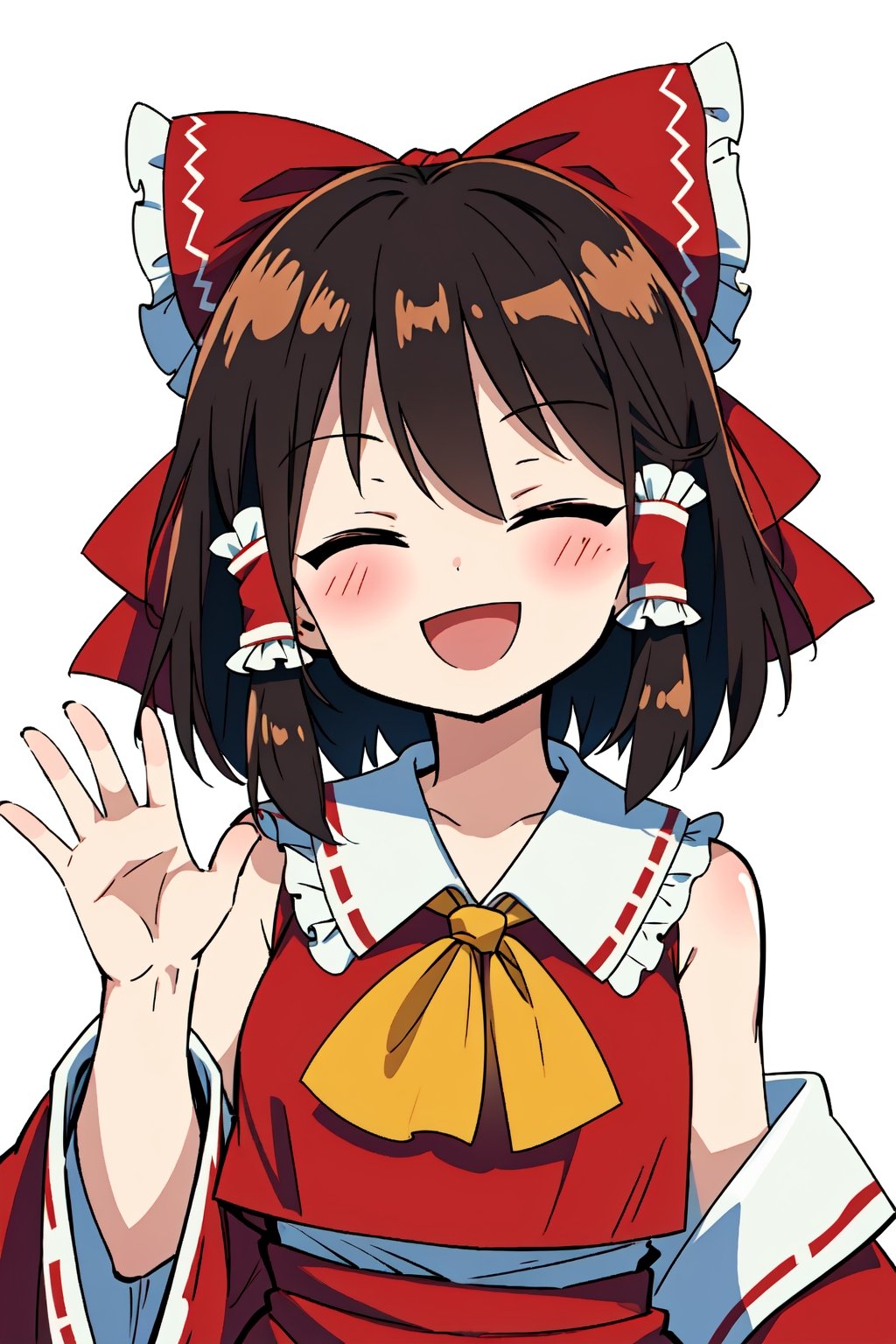 1girl, reimu, closed eyes, open mouth, smile, upper body, waving 