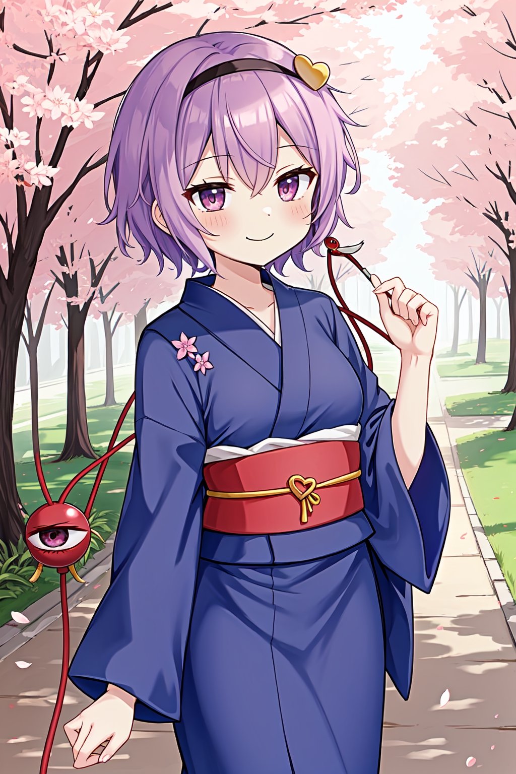 solo, mature lady, komeiji satori, third eye, cowboy shot, yukata, closed mouth, smile, cherry blossoms 