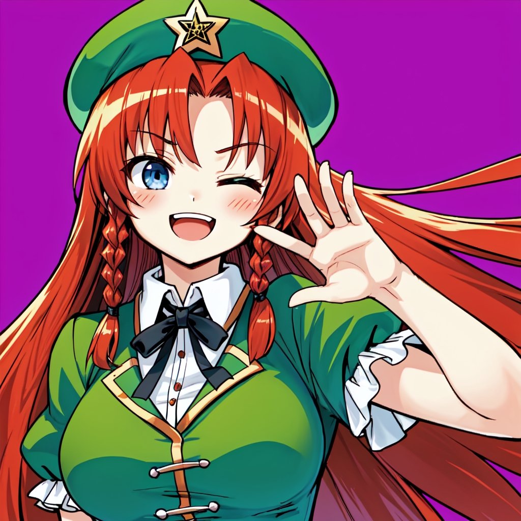 Solo, cute lady, (hong meiling), upper body, open mouth, smile, blue eyes, one eye closed, (waving), sky_background