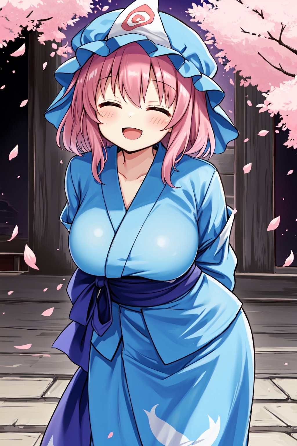 Solo, cute lady, (saigyouji yuyuko), (yukata), closed eyes, open mouth, smile, cowboy shot, (facing viewer, leaning forward), (arms behind back), cherry blossom petals, spring day