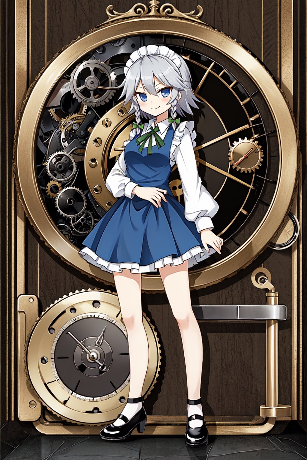 Solo, cute lady, (izayoi sakuya), closed mouth, smile, standing, (mary_jane_shoes), (stopwatch), full body, (clockwork theme)