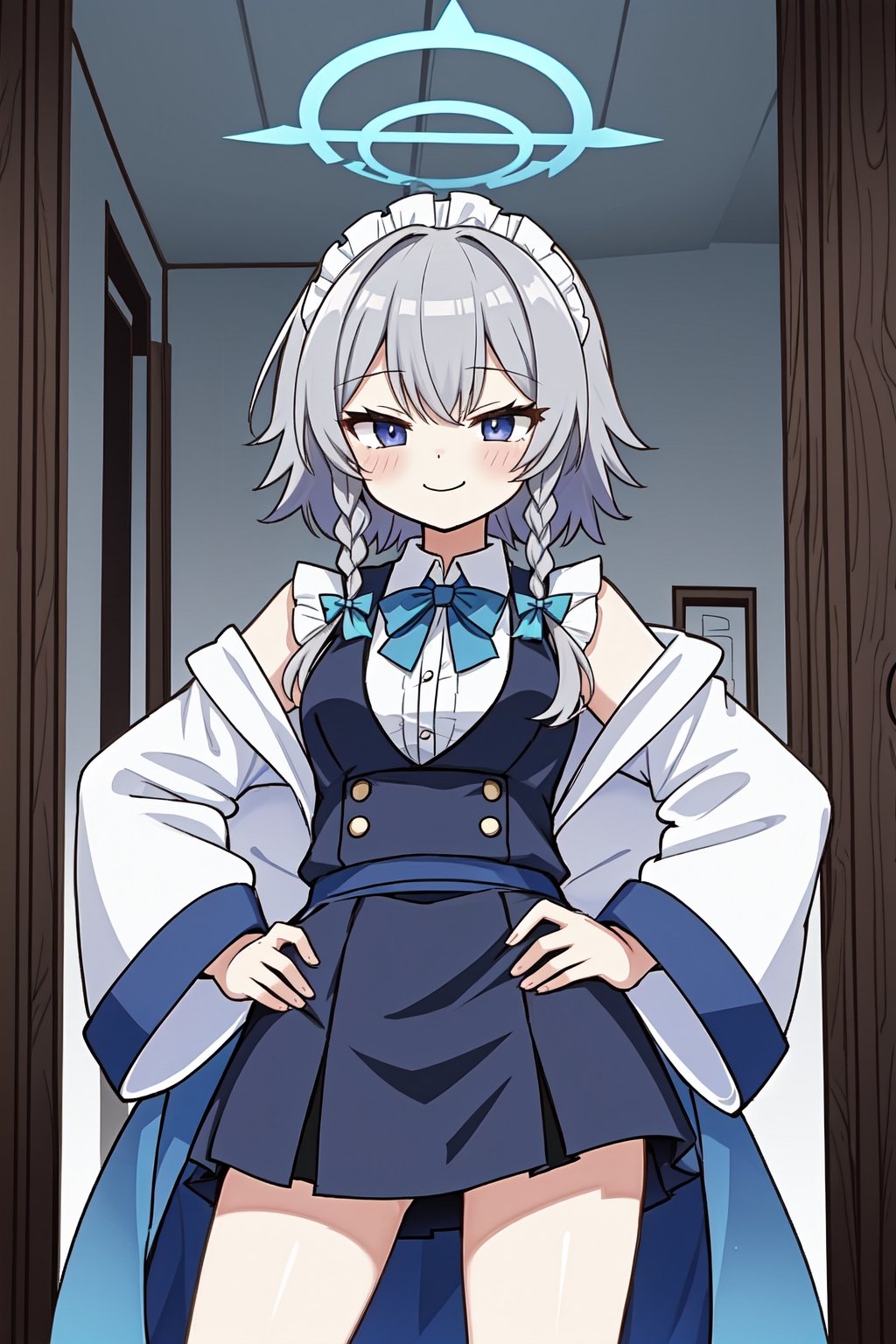 (blue archive), solo, mature lady, izayoi sakuya, halo, cowboy shot, closed mouth, smile, hands on hips 