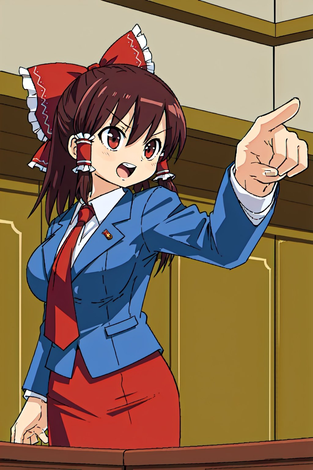 1girl, reimu, (ace attorney objection pose), open mouth, pointing forward, from side, large breasts, blazer, blouse, necktie, pencil_skirt, pantyhose, courtroom 