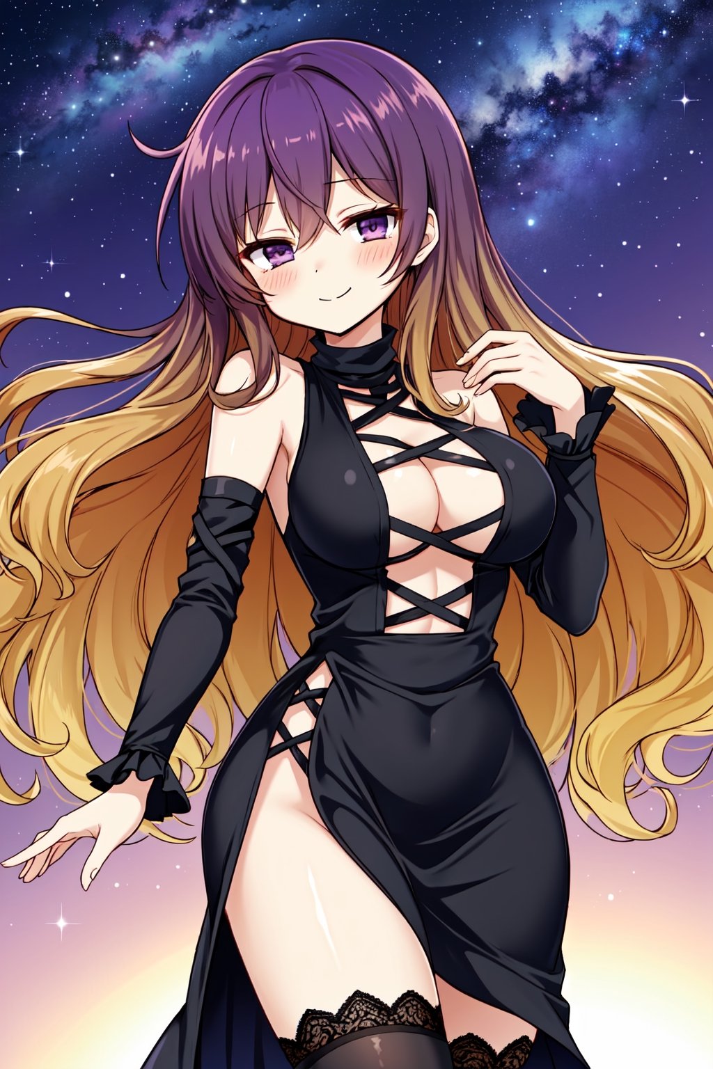 Solo, mature lady, (hijiri byakuren), purple eyes, half-closed eyes, (elegant dress:1.3), (tight dress), (lace trimmed dress), thighhighs, blush, closed mouth, smile, cowboy shot, night sky