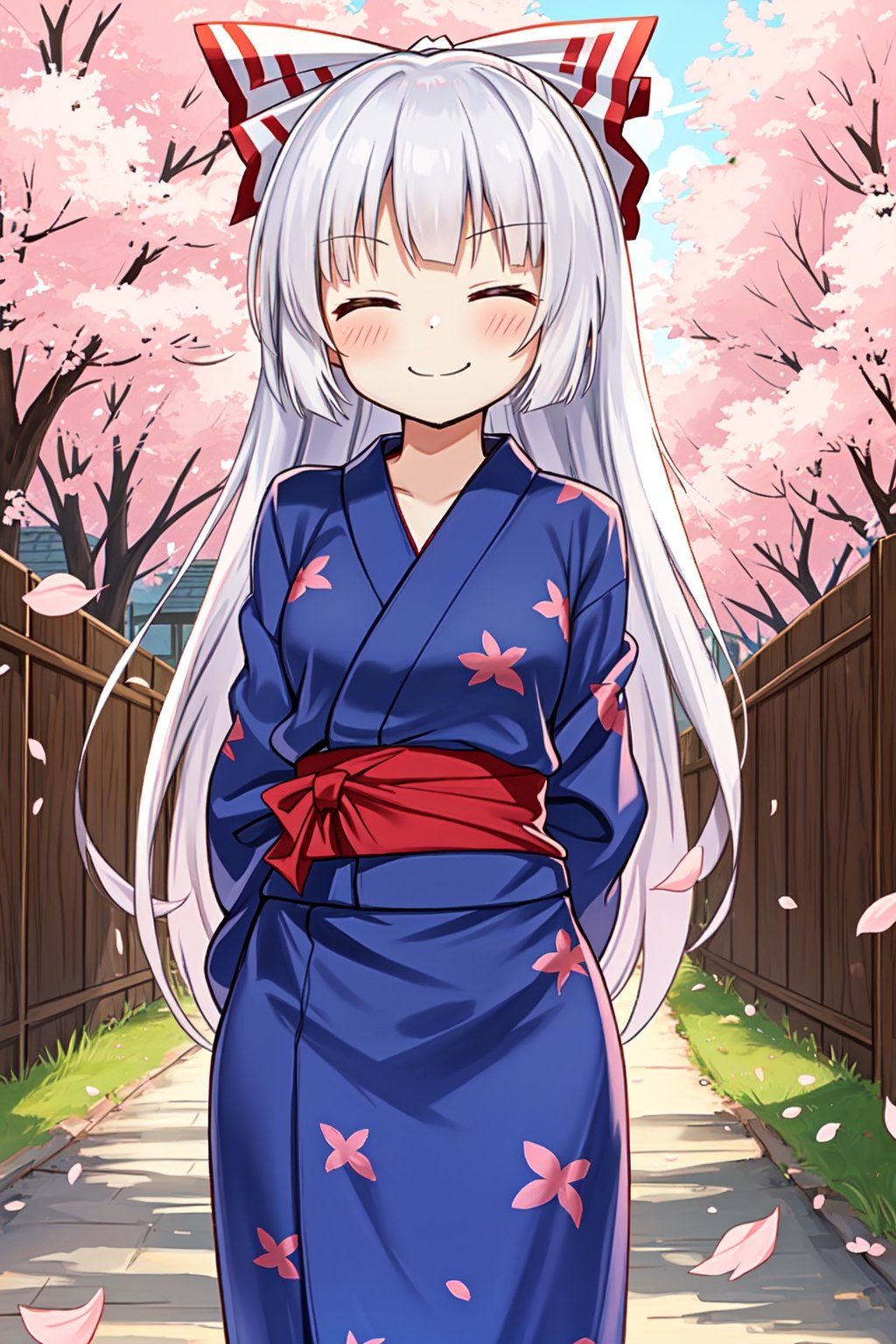 Solo, cute lady, (fujiwara no mokou), (yukata), closed eyes, closed mouth, smile, cowboy shot, (facing viewer), (arms behind back), cherry blossom petals, spring day