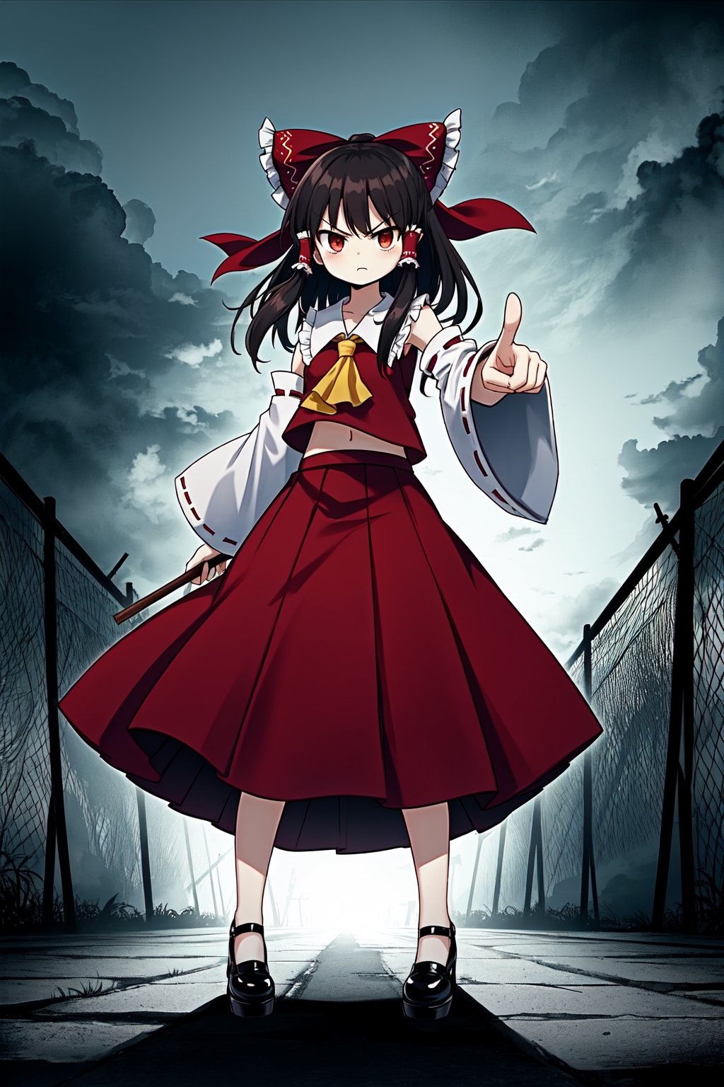 Solo, cute lady, (hakurei reimu), (long skirt), (mary_jane_shoes), angry, closed mouth, pointing at viewer, standing, full body, (ominous atmosphere)