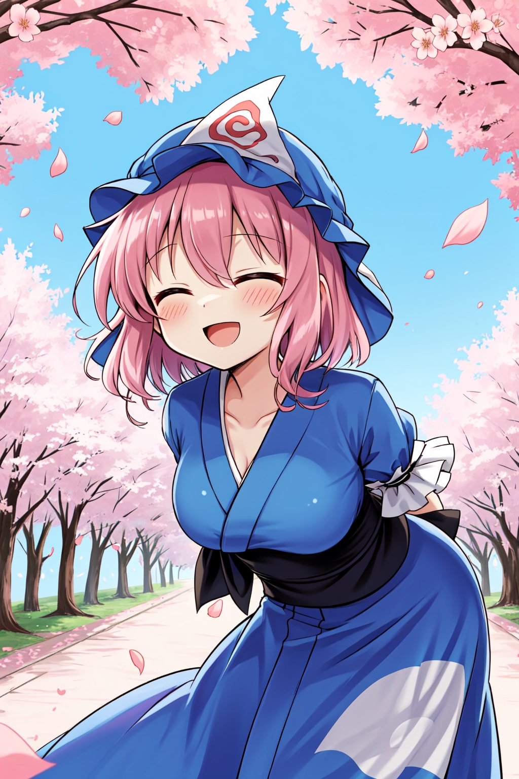 Solo, cute lady, (saigyouji yuyuko), (yukata), closed eyes, open mouth, smile, cowboy shot, (facing viewer, leaning forward), (arms behind back), cherry blossom petals, spring day