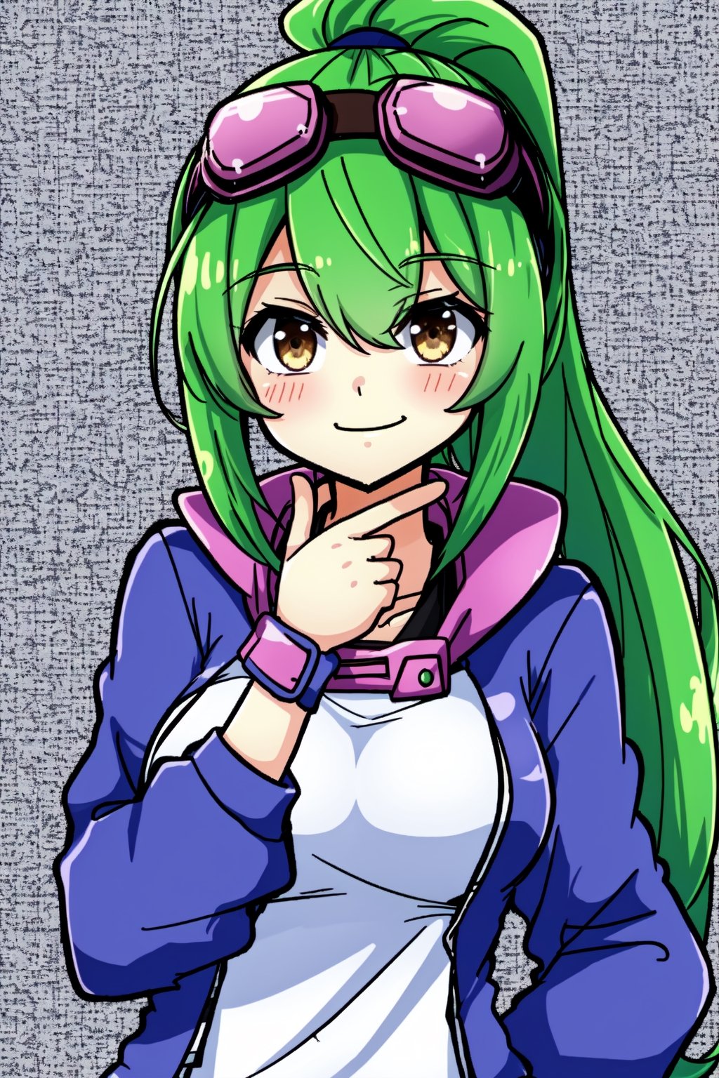 1girl, darkgreen hair, ponytail, brown eyes, medium breasts, ((head goggles)), closed mouth, smile, thinking