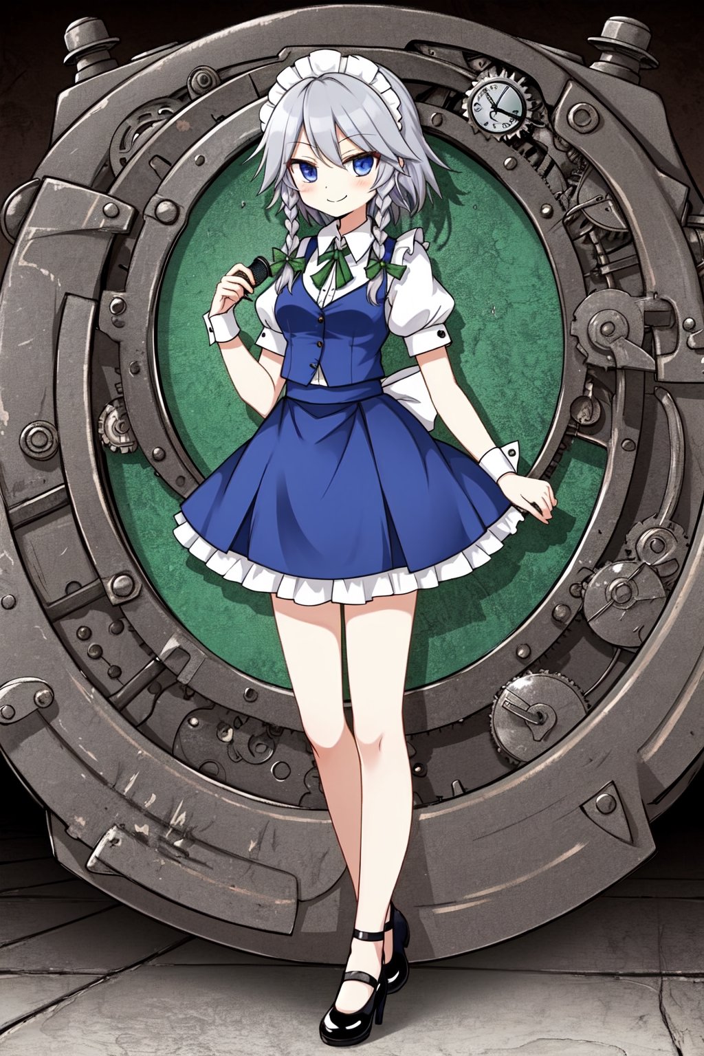 Solo, cute lady, (izayoi sakuya), closed mouth, smile, standing, (mary_jane_shoes), (stopwatch), full body, (clockwork theme)