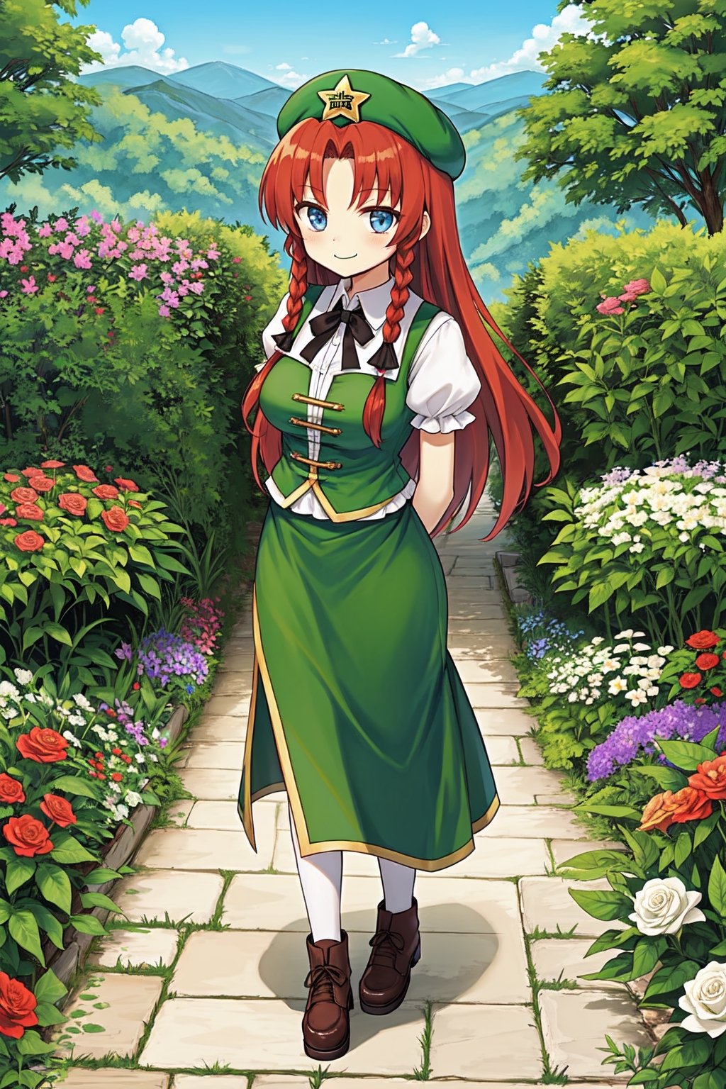 Solo, cute lady, (hong meiling), blue eyes, closed mouth, smile, standing, full body, (facing viewer, arms behind back), garden, flowers