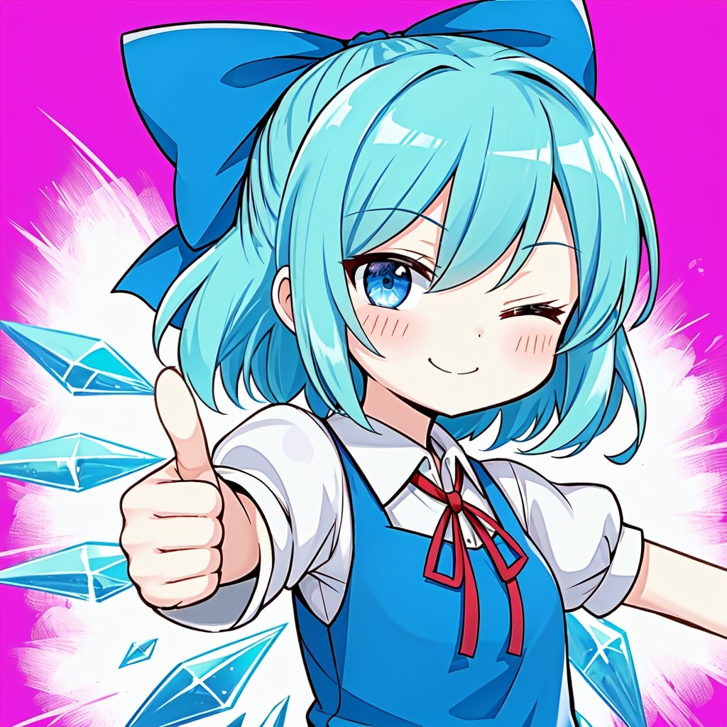 Solo, cute lady, (cirno), upper body, closed mouth, smile, one eye closed, dress, (thumbs up), sky_background