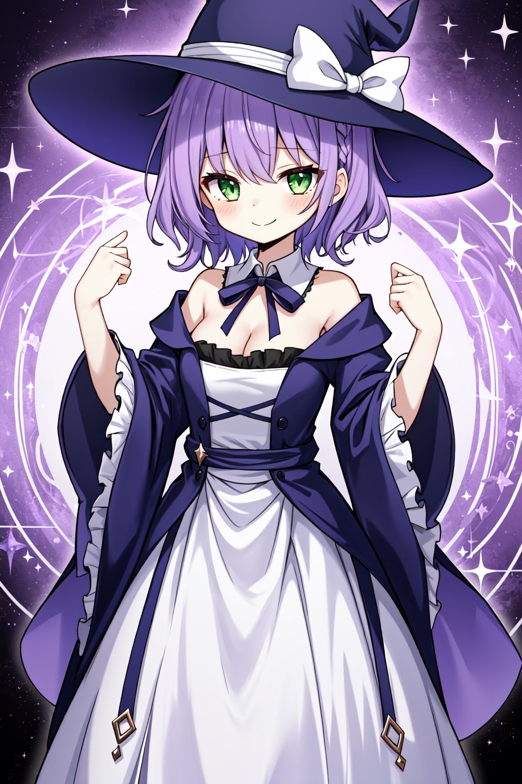 1girl, petite, lightpurple hair, short hair, (messy hair), green eyes, small breasts, cleavage, ((long dress, ribbon, hat)), closed mouth, smile, cowboy shot, (purple theme, alchemy theme, magic theme, sparkle)