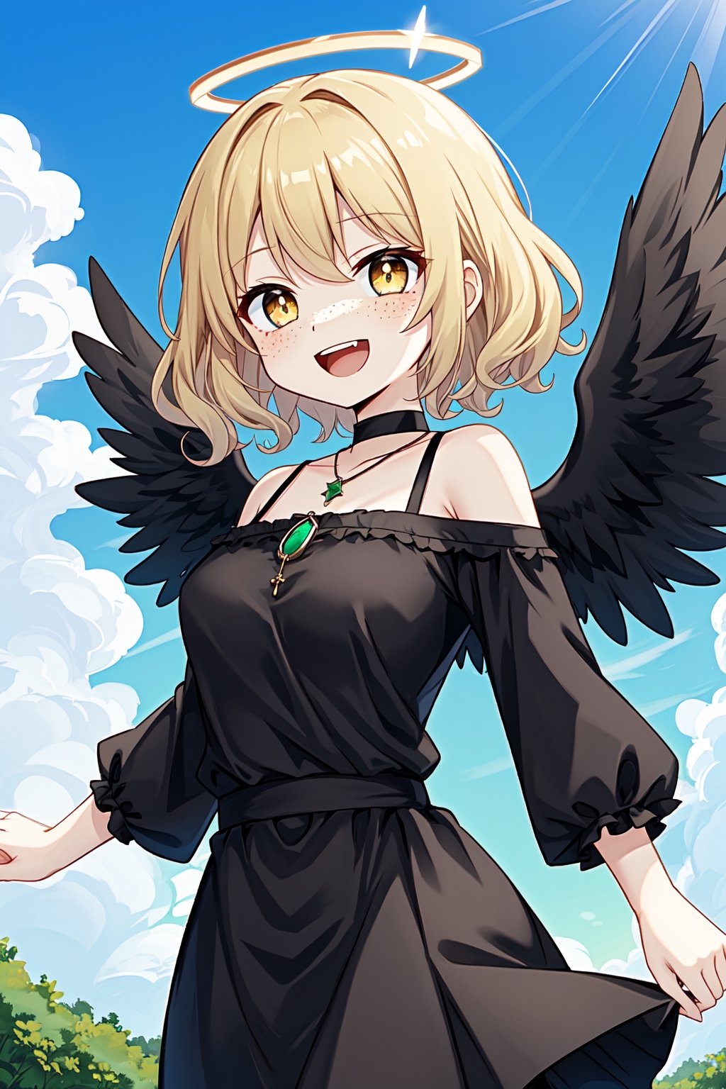 solo, cute lady, fallen angel, black halo, black angel wings, medium breasts, blonde, short hair, curly hair, yellow eyes, freckles, white pupils, emerald pendant, black dress, long skirt, open mouth, smile, cowboy shot, sky, sunny weather 