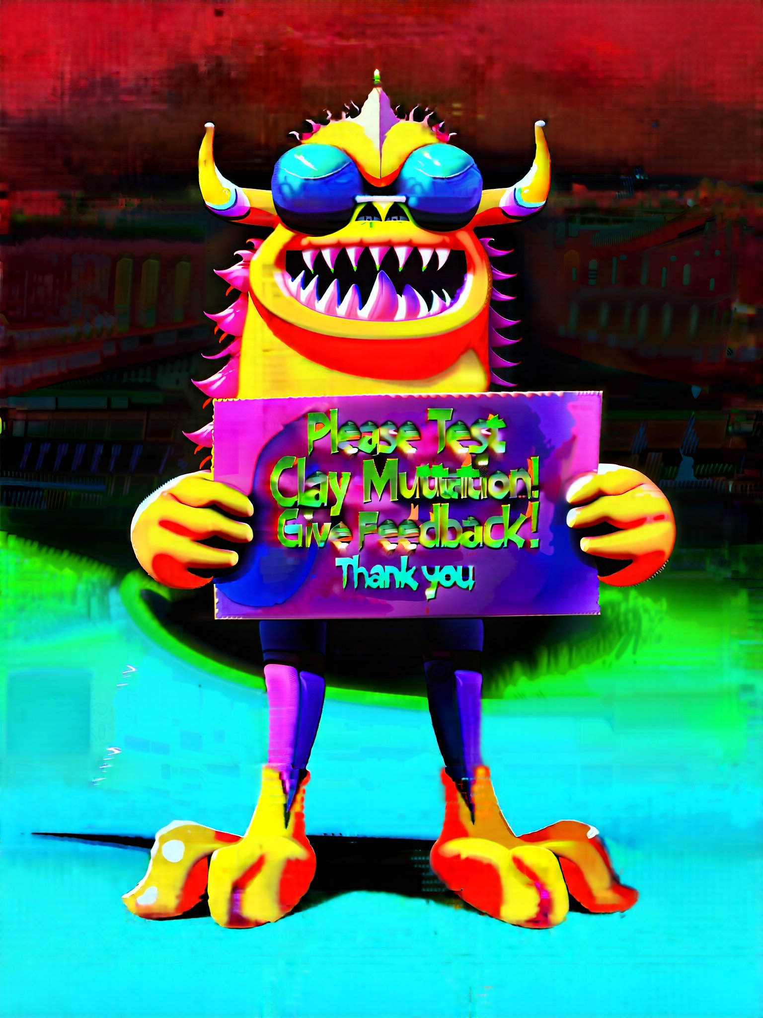 A cool monster guy holding a sign that says, (("PLEASE TEST (((CLAY MUTATION)))! GIVE FEEDBACK! THANK YOU!")) Huge sign easy to read, flawless spelling, clear and precise, (make sure you spell CLAY MUTATION correctly enhance focus on that detail being precise), ((the spelling and correct text is the most important aspect of this image)),Claymutation