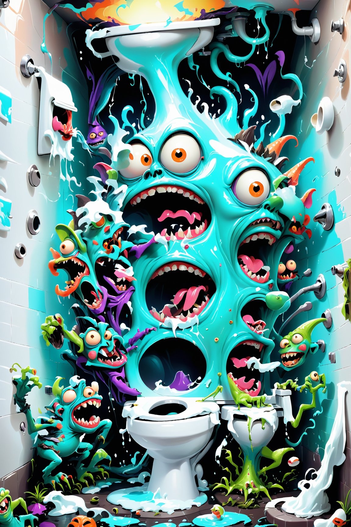 An outlandish whimsical crazy psychedelic insanity insane cartoon comical style image of a bunch of hilarious goofy silly stupid funny little ghoulish goblinesque bizarre little characters in a bathroom toilet potty theme scene, all these multitudes of wacky little monsters and wild little creatures are going completely bonkers flailing around screaming jumping smashing breaking stuff, unrolling all the toilet paper, squirting out all the toothpaste, unscrewing tops of soap bottles, all kinds of little prankster tricks and it's so funny, ultra-detailed, absurdres, masterpiece, best quality, ultra vivid crazy colors,InsaniToon art style