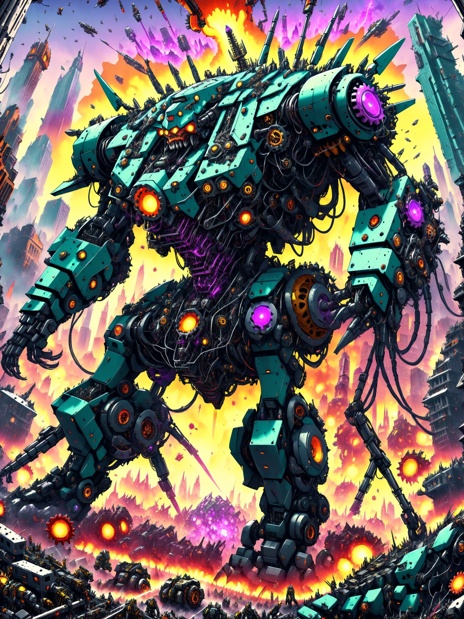 A massive looming gigantic killer robot, rampaging through a crowded city, smashing buildings, people fleeing in terror,  ultra intricate mechanical parts wires gears intricate inner workings, psychedelic to the max, best quality, CartooNuclear Meltdown style