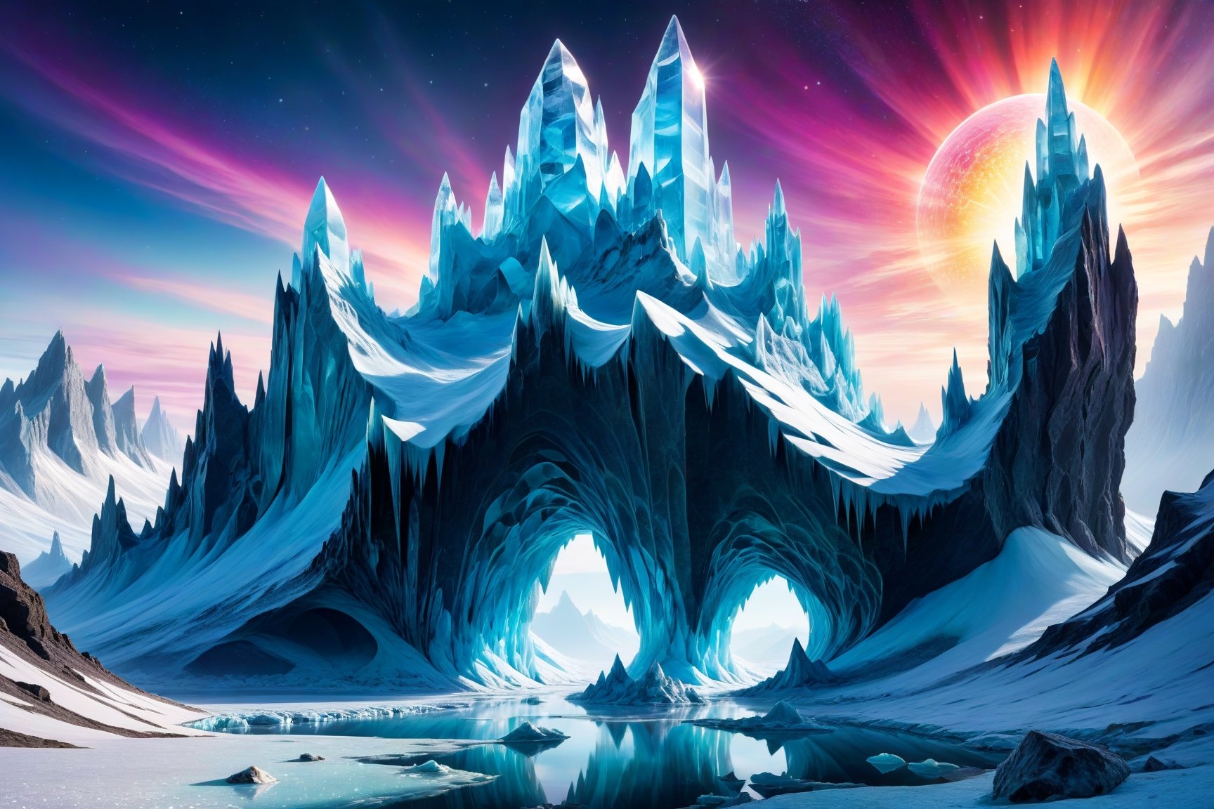 A cosmic landscape scene of an alien arctic frost bitten glacial shimmering frost ice magical world, vivid rich colors, ancient abandoned unkown vast frozen icy alien city ruins, colorful crazy eternal winter crystalline glass ice world, close in orbit to a giant crazy star in the sky, crazy psychedelic auroras in star filled twilight snowy sky, perhaps strange aliens or creatures completely frozen petrified like stone but ice encapsulated, celestial frozen reflective lake, huge jagged wacky ice crystal glass structures that defy comprehension, psychedelic colorscape, best quality, perfect detail, vivid color saturation, masterpiece, absurdres, Psychedelic alien worlds, sprawling cosmic colorscapes, ultra-detailed, intricate, elaborate, vivid, radiant, vibrant, smooth, no humans, frostscape, glacier glass crystal frost ice world, giant shards piercing the heavens, fog, mist, eerie, supernatural, haunting, ethereal ,Psychedelic alien worlds 