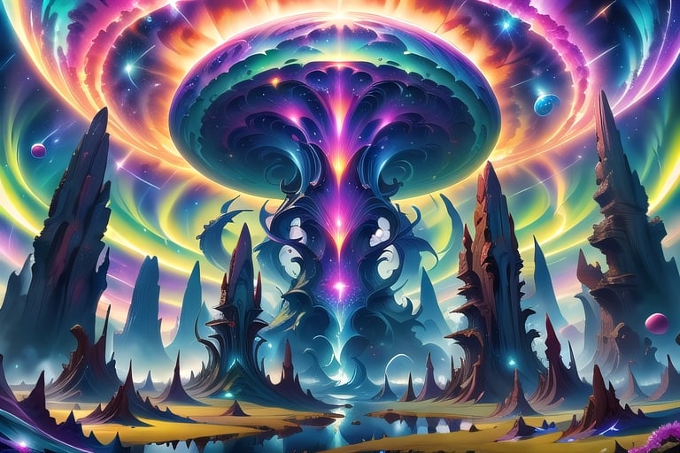 A cosmic landscape scene of an alien swamp forest jungle overgrown world with vivid rich colors and ancient alien temple ruins, colorful world, crazy auroras in star filled sky, skeletal spires spiraling, psychedelic colorscape, cosmic creatures, best quality, perfect detail, vivid color saturation, masterpiece, absurdres, Psychedelic alien worlds, sprawling cosmic colorscapes, Crazy psychedelic enhanced cosmic colorscapes,Psychedelic alien worlds ,Sprawling cosmic colorscapes ,Psychedelic alien worlds