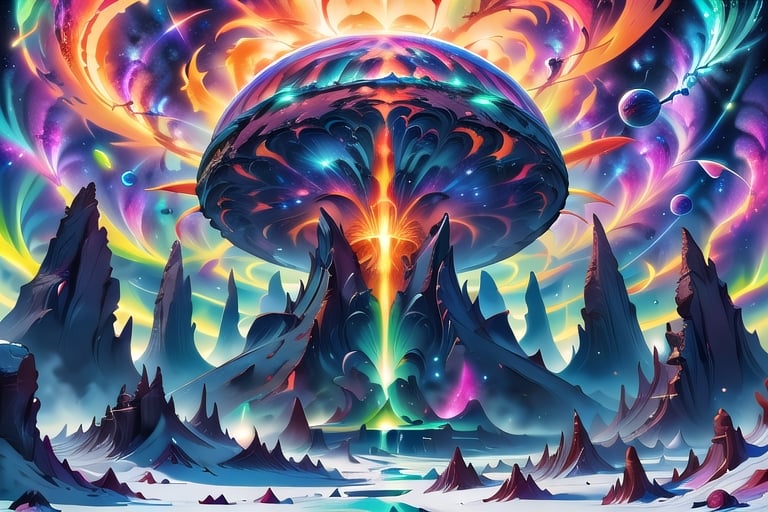 A cosmic landscape scene of an alien deep space frozen lava glacier volcano world with vivid rich colors and ancient alien temple ruins, colorful world, crazy auroras in star filled sky, psychedelic colorscape, cosmic creatures, best quality, perfect detail, vivid color saturation, masterpiece, absurdres, Psychedelic alien worlds, sprawling cosmic colorscapes, (ultra-detailed), (ultrarealistic), ((best quality)), ((highest quality)), (intricate detail),Psychedelic alien worlds,Psychedelic alien worlds ,Sprawling cosmic colorscapes ,photorealistic