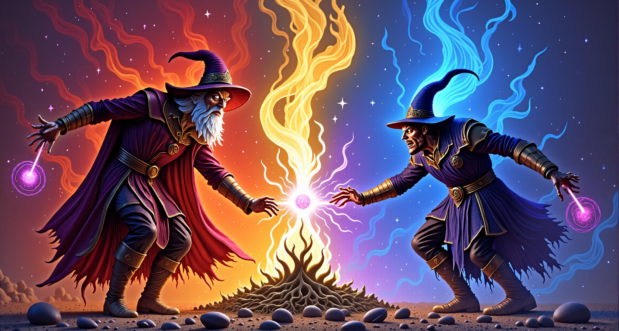 Fantastical fsntasy realm, epic legendary magical high fantasy, a good hearted wizard and a dark evil sorcerer in an insane epic crazy colorful wild wondrous magical crazy high fantasy magic spell duel battle of arcane powers, in the style of Keith Parkinson Everquest box art classic Everquest cover art style