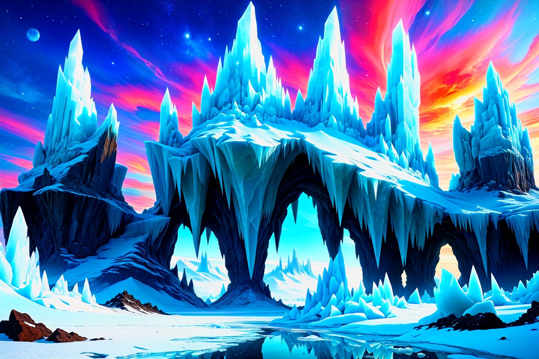 A cosmic landscape scene of an alien arctic frost bitten glacial shimmering frost ice magical world, vivid rich colors, ancient abandoned unkown vast frozen icy alien city ruins, colorful crazy eternal winter crystalline glass ice world, close in orbit to a giant crazy star in the sky, crazy psychedelic auroras in star filled twilight snowy sky, perhaps strange aliens or creatures completely frozen petrified like stone but ice encapsulated, celestial frozen reflective lake, huge jagged wacky ice crystal glass structures that defy comprehension, psychedelic colorscape, best quality, perfect detail, vivid color saturation, masterpiece, absurdres, Psychedelic alien worlds, sprawling cosmic colorscapes, ultra-detailed, intricate, elaborate, vivid, radiant, vibrant, smooth, no humans, frostscape, glacier glass crystal frost ice world, giant shards piercing the heavens, fog, mist, eerie, supernatural, haunting, ethereal ,Psychedelic alien worlds 