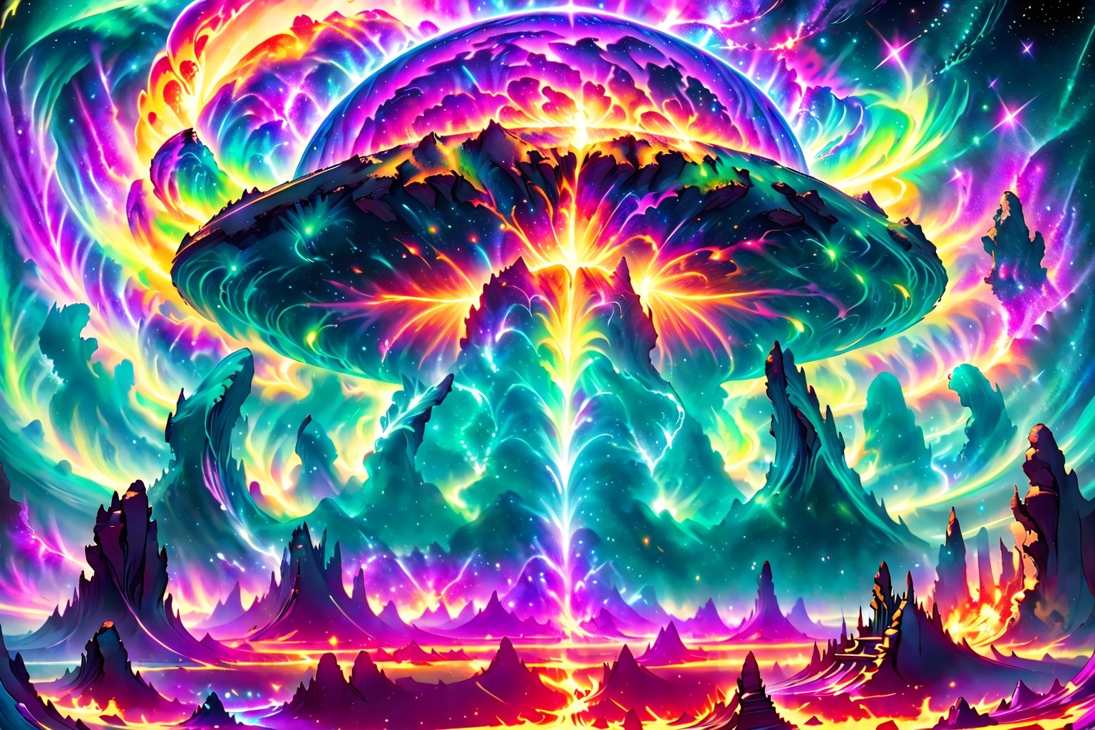 A cosmic landscape scene of an alien gooy ooze color slime goop melty dripping color world with vivid rich colors and ancient alien temple ruins, colorful world, crazy auroras in star filled sky, psychedelic colorscape, cosmic creatures, best quality, perfect detail, vivid color saturation, masterpiece, absurdres, Psychedelic alien worlds, sprawling cosmic colorscapes, (ultra-detailed), (ultrarealistic), ((best quality)), ((highest quality)), (intricate detail),Psychedelic alien worlds,Psychedelic alien worlds ,Sprawling cosmic colorscapes ,photorealistic,rayearth