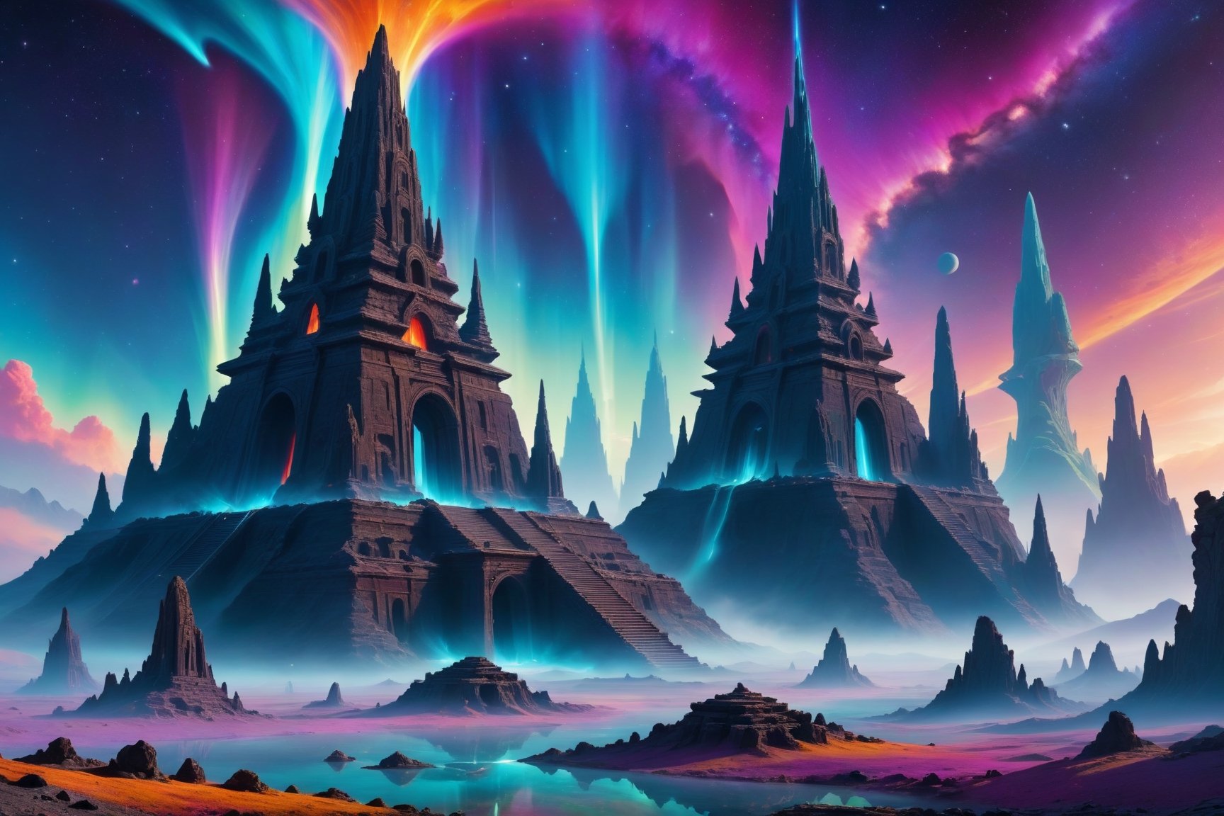 A cosmic landscape scene of an alien world with vivid rich colors and ancient alien temple ruins, colorful world, crazy auroras in star filled sky, skeletal spires spiraling, psychedelic colorscape, cosmic creatures, best quality, perfect detail, vivid color saturation, masterpiece, absurdres, Psychedelic alien worlds, sprawling cosmic colorscapes ,Psychedelic alien worlds 