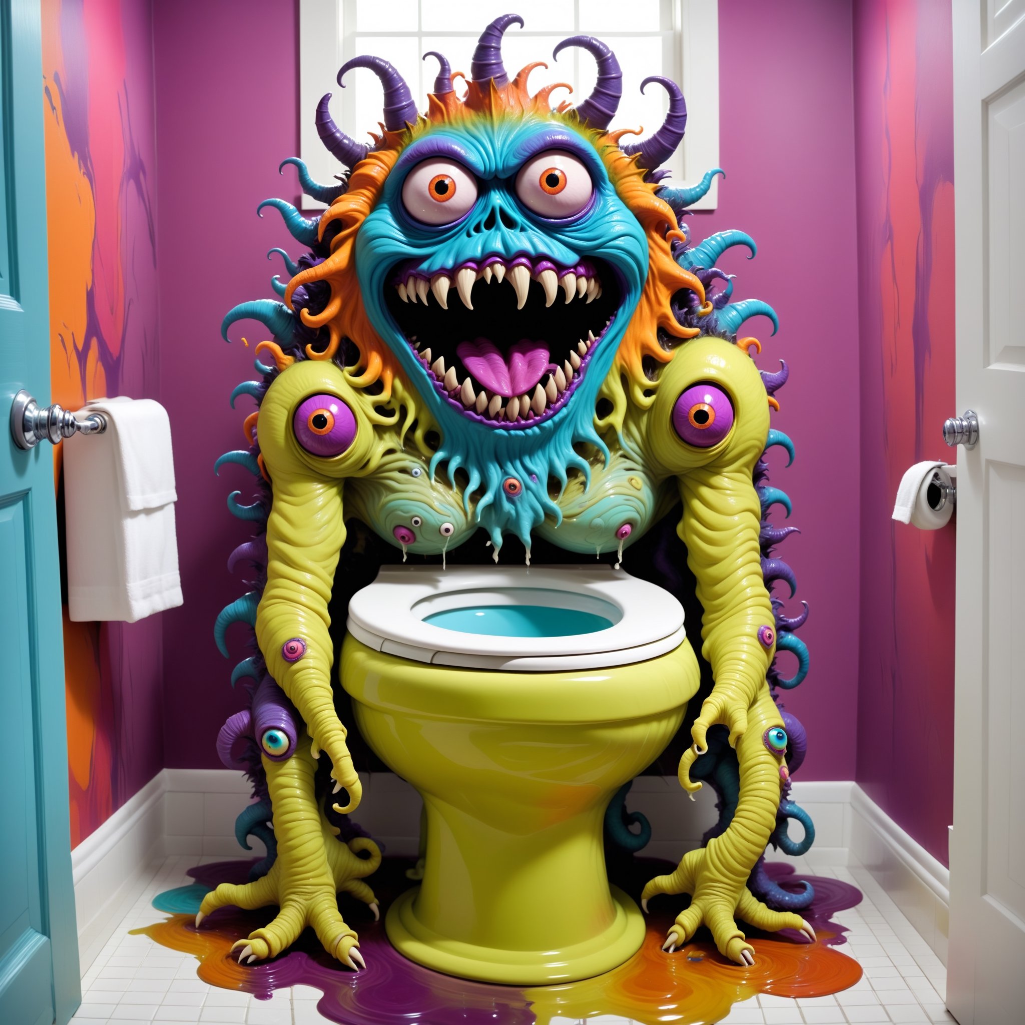 vivid whimsical toiilet themed monster madness, crazy cool colorful commode creature chaos, bathroom humor hilarious horrors , score_9, score_8_up, score_7_up, ,TOONaughty