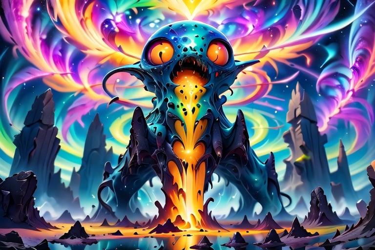 A cosmic landscape scene of an alien gooy ooze color slime goop melty dripping color world with vivid rich colors and ancient alien temple ruins, colorful world, crazy auroras in star filled sky, psychedelic colorscape, cosmic creatures, best quality, perfect detail, vivid color saturation, masterpiece, absurdres, Psychedelic alien worlds, sprawling cosmic colorscapes, (ultra-detailed), (ultrarealistic), ((best quality)), ((highest quality)), (intricate detail),Psychedelic alien worlds, sprawling cosmic colorscapes 