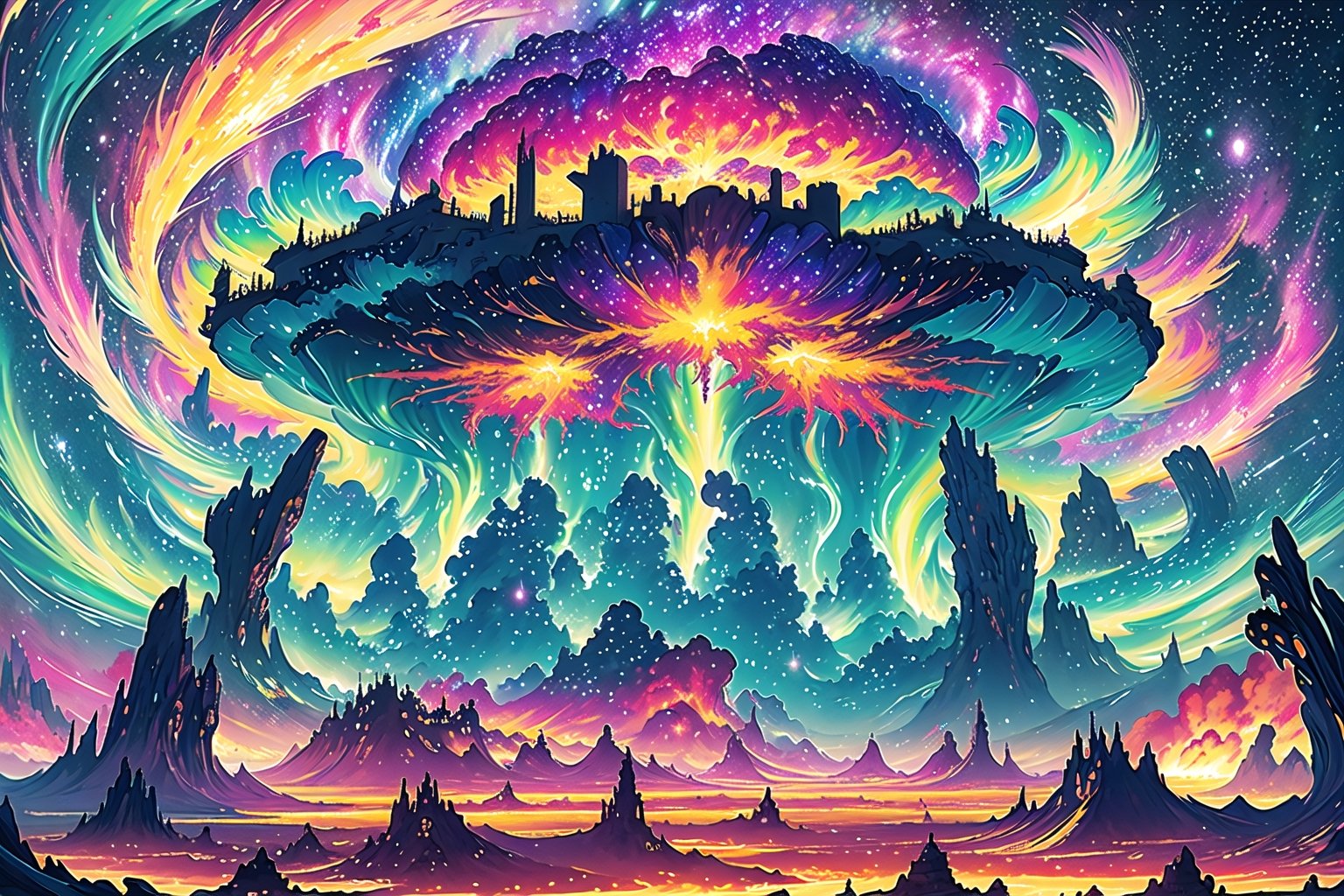 A cosmic landscape scene of an alien gooy ooze color slime goop melty dripping color world with vivid rich colors and ancient alien temple ruins, colorful world, crazy auroras in star filled sky, psychedelic colorscape, cosmic creatures, best quality, perfect detail, vivid color saturation, masterpiece, absurdres, Psychedelic alien worlds, sprawling cosmic colorscapes, (ultra-detailed), (ultrarealistic), ((best quality)), ((highest quality)), (intricate detail),Psychedelic alien worlds,Psychedelic alien worlds ,Sprawling cosmic colorscapes ,photorealistic,rayearth