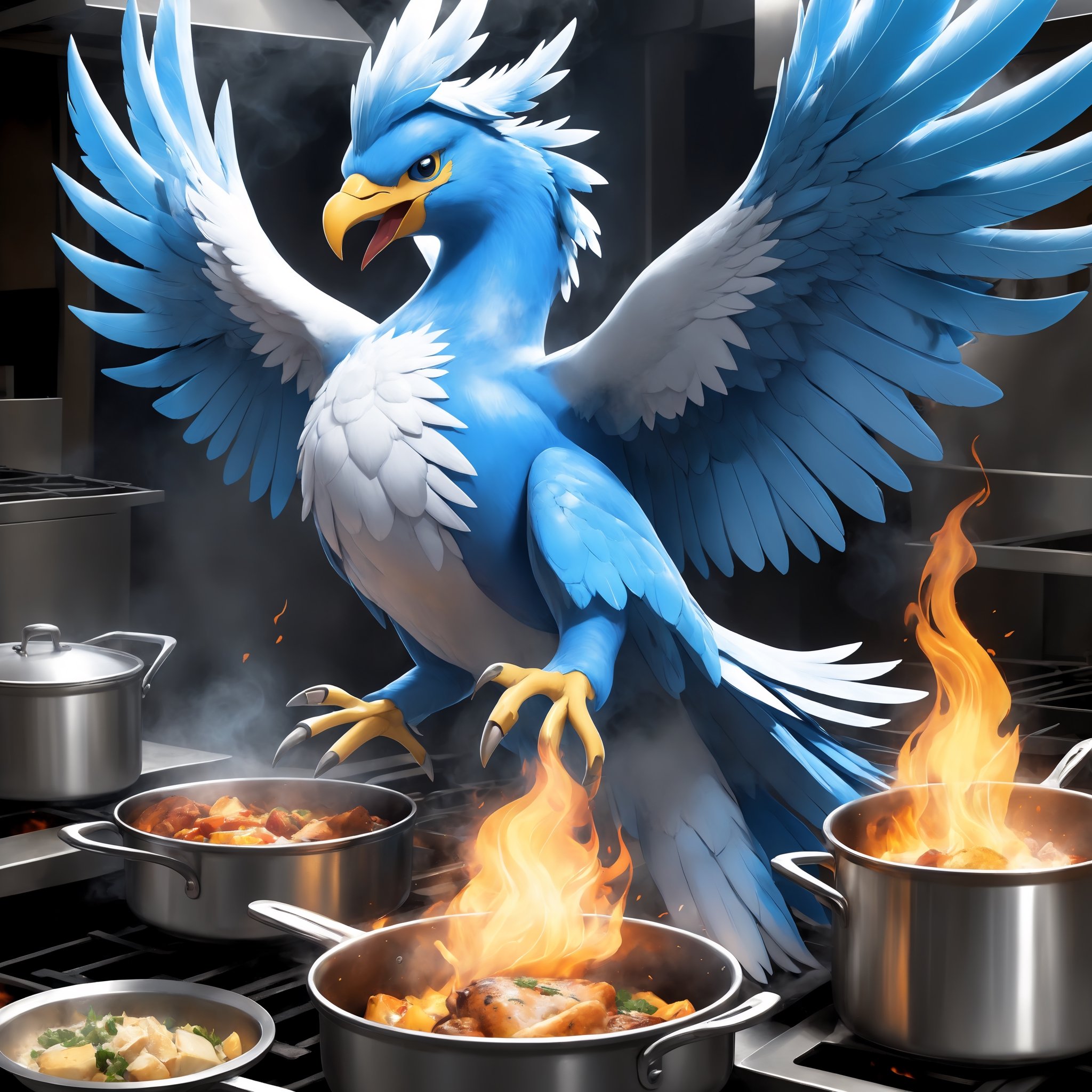 A digital comic art style image that depicts the legendary ice pokemon articuno in an anthropomorphic style working a dead end mundane nine to five job as a line cook in a restaurant, the most unlikely of places as this humanoid comic cartoon articuno is surrounded by boiling pots and open flames on a sautee station, a look of frustration and defeat on his face, somehow going from legendary pokemon status to being a miserable lowly sautee cook surrounded by lots of heat which is articuno's weakness, showcasing the bizarre irony of being in such a situation as well as showcasing the depressing hilarity of such an absurd situation, vivid intricate elaborate fantastical detail, ultra-detailed, rich colors, best quality, ((anthropomorphic humanoid comical realistic style make articuno into a humanoid wearing chef uniform))(super busy super stressed out cooking tons of food while servers keep asking him questions), (vivid detailed humanoid expression and characteristics)