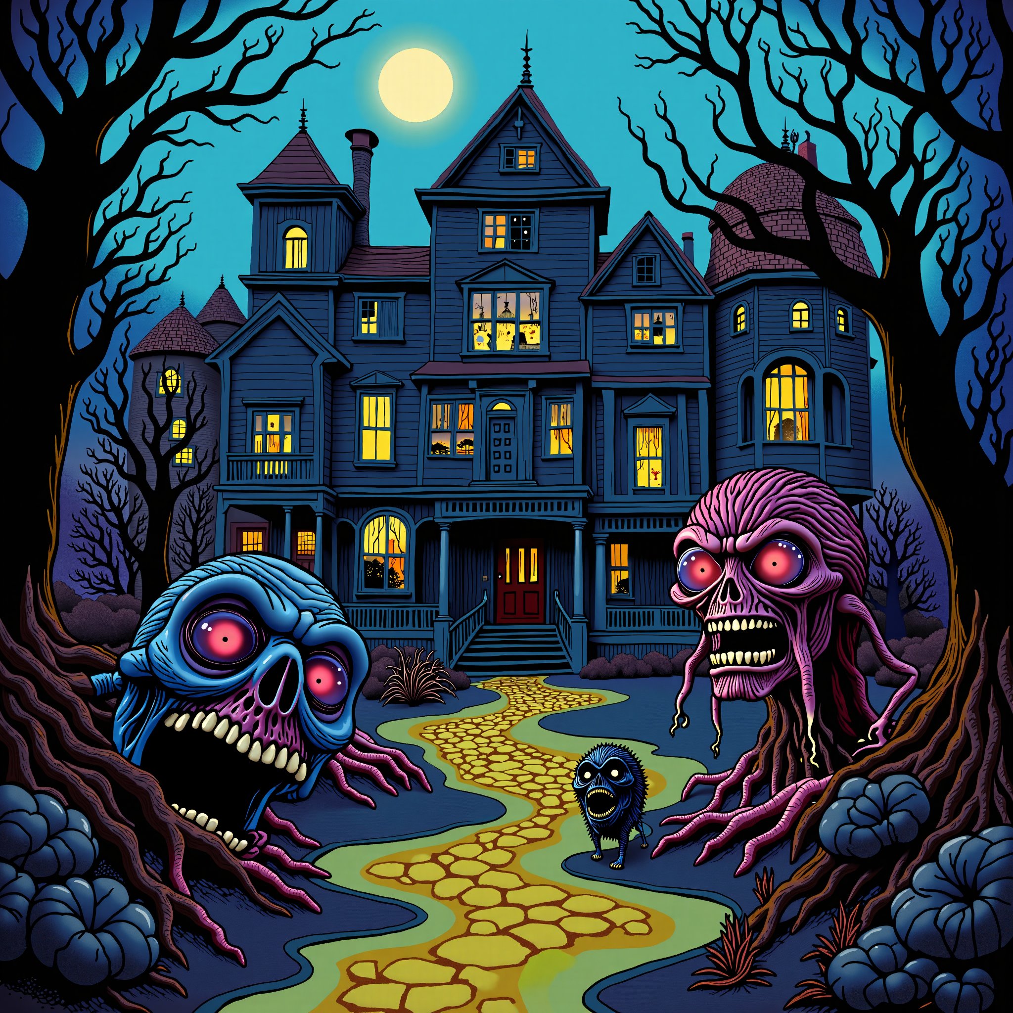 Eerie creepy crazy colorful creature infested  old mansion, mutated monsters lurking, cazy creature's prowling, these two girls are lost in the most surreal strange scary old mansion, trying to escaoe the horrors within 