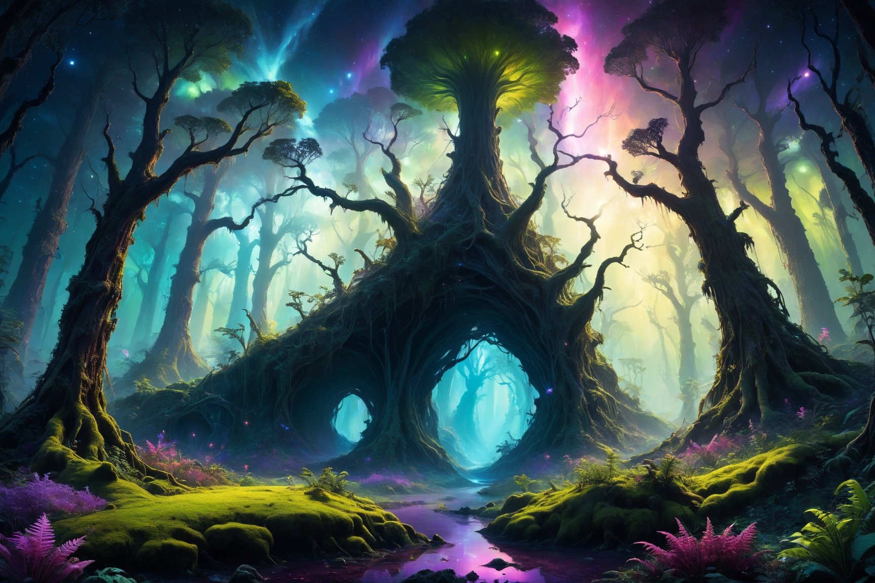 A cosmic landscape scene of an alien overgrown creepy forest lurking trees magical world, vivid rich colors, ancient abandoned unkown jungle alien ruins, colorful enchantee mystical forest world, crazy psychedelic auroras in star filled twilight sky, skeletal otherworldly trees and vines bushes, flowing glowing bioluminescent rivers, huge looming ancient world trees that defy comprehension, psychedelic colorscape, best quality, perfect detail, vivid color saturation, masterpiece, absurdres, Psychedelic alien worlds, sprawling cosmic colorscapes, ultra-detailed, intricate, elaborate, vivid, radiant, vibrant, smooth, no humans, glowing arcane magical forest world lush vivid vibrant alien planet, (forest jungle not swamp fungal),Psychedelic alien worlds ,Sprawling cosmic colorscapes 