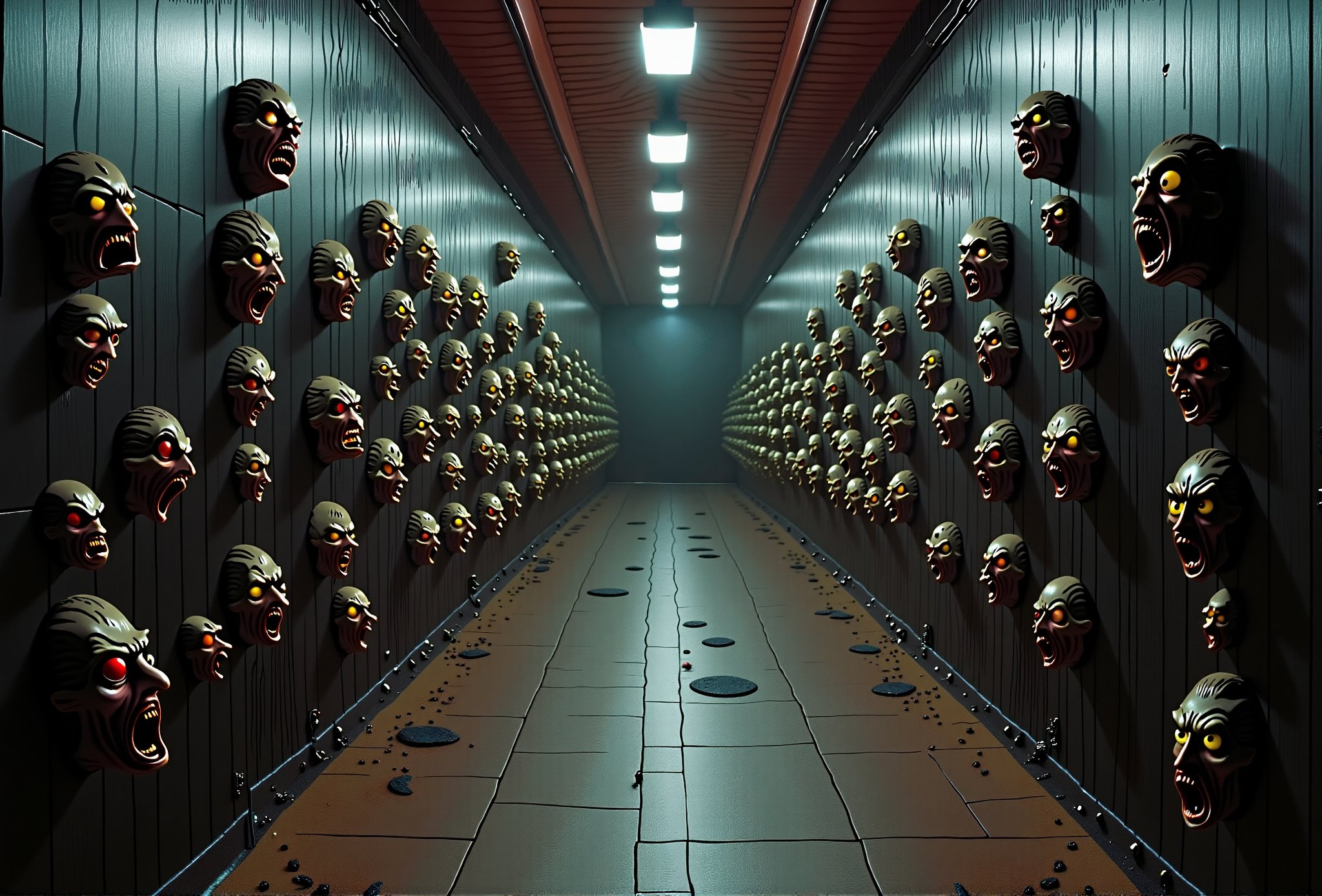 A horrifying seemingly endless dark hallway, surreal, strange, scary, the walls are lined with crazy heads mounted everywhere, all screaming and yelling at viewer, like something out of a bad dream nightmare made real, unsettling unnerving unnatural anxiety inducing cerebral horror, maddening terror surreal Precisionism, so many strange heads all screaming at once 