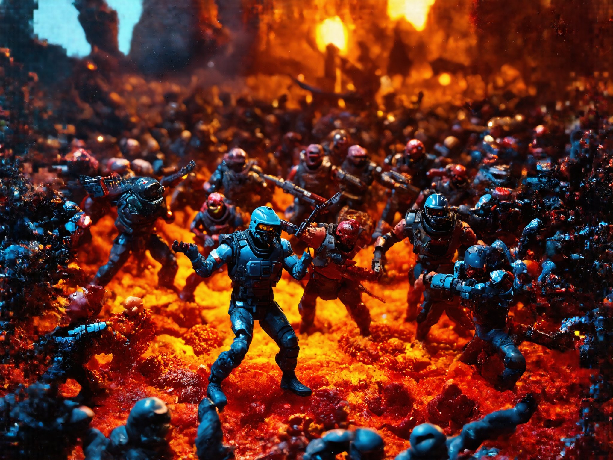 (a group of futuristic human space soldiers) fighting against a onslaught of crazy alien invaders, it is a vivid intense epic cinematic wartorn masterpiece of stop motion claymation animation action figurine type diorama display aesthetic look grandiose and vast crowded complex composition, (the humans and the alien eldritch horror creatrures are seperate do not combine them into one being) Claymutation