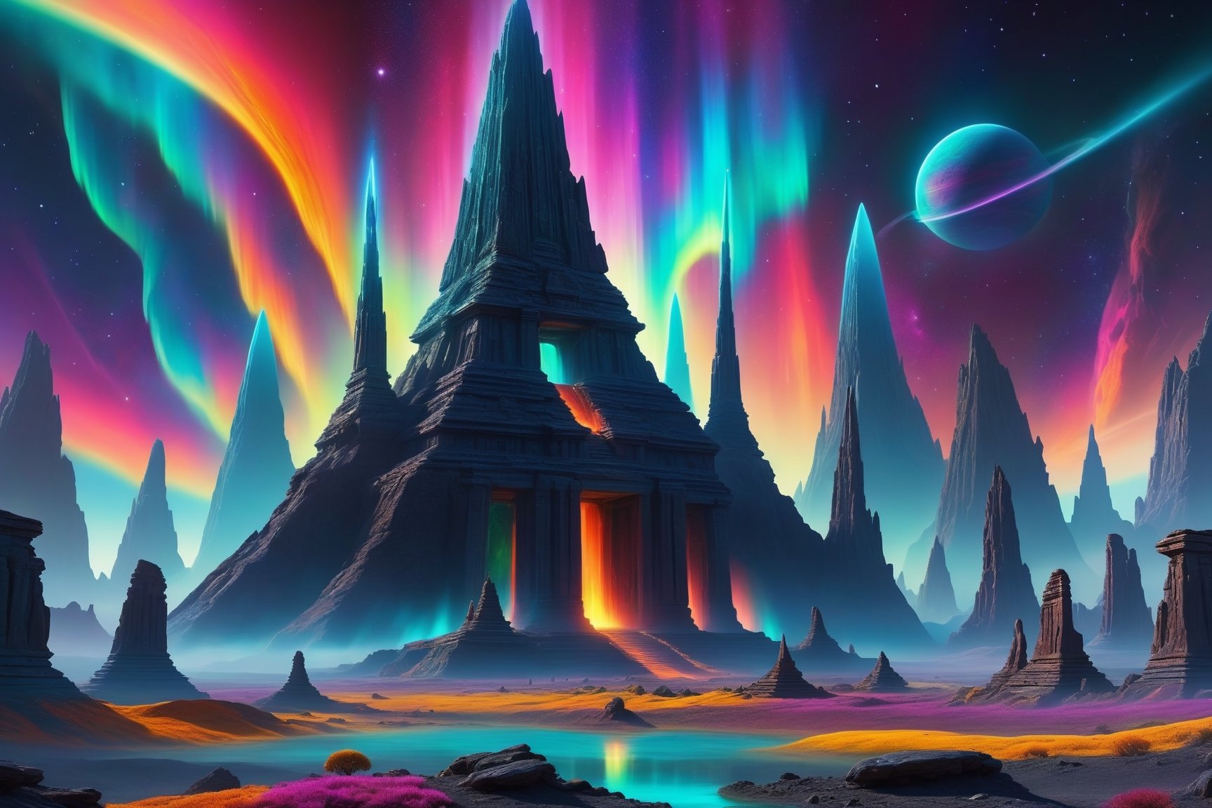 A cosmic landscape scene of an alien world with vivid rich colors and ancient alien temple ruins, colorful world, crazy auroras in star filled sky, skeletal spires spiraling, psychedelic colorscape, cosmic creatures, best quality, perfect detail, vivid color saturation, masterpiece, absurdres, Psychedelic alien worlds, sprawling cosmic colorscapes ,Psychedelic alien worlds 