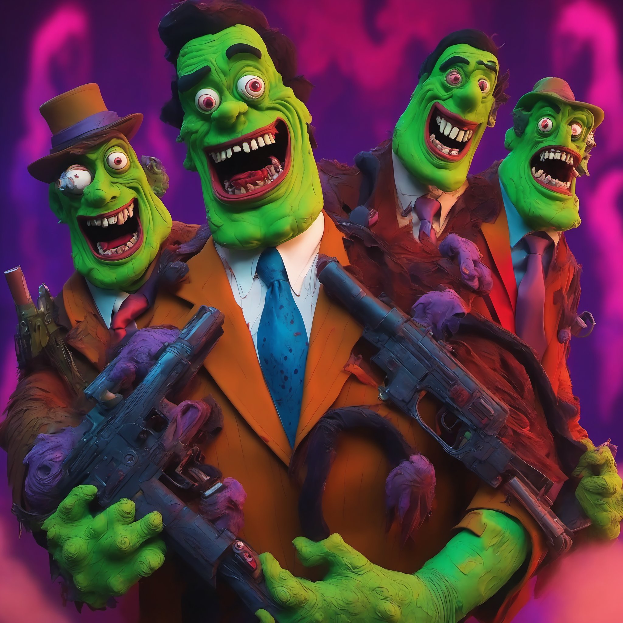 monster goofy guys in cool suits with guns and stuff like some bizarre alternate reality other dimensional Ghostbusters original film style cool crazy insane creature feature scene from a bad dream a nightmare version of the film reimagined,Claymutation XL