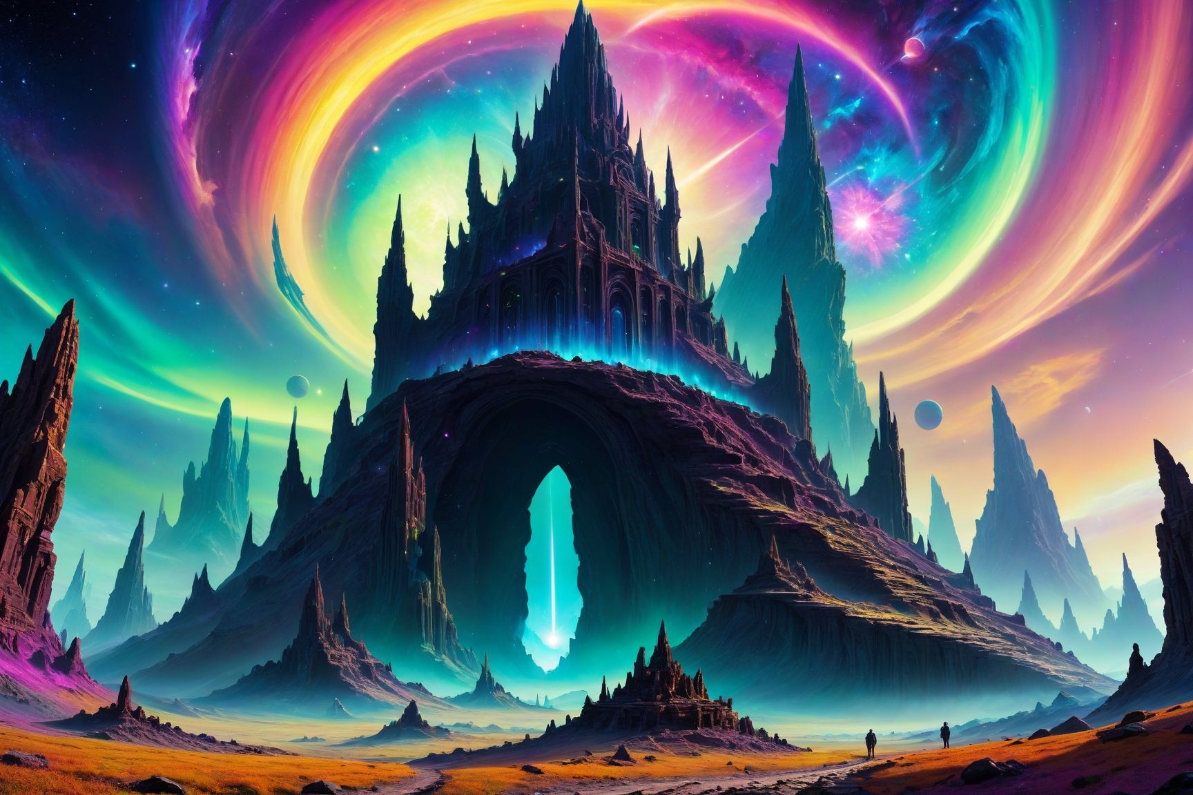 A cosmic landscape scene of an alien world with vivid rich colors and ancient alien temple ruins, colorful world, crazy auroras in star filled sky, skeletal spires spiraling, psychedelic colorscape, cosmic creatures, best quality, perfect detail, vivid color saturation, masterpiece, absurdres, Psychedelic alien worlds, sprawling cosmic colorscapes ,Psychedelic alien worlds ,Sprawling cosmic colorscapes 