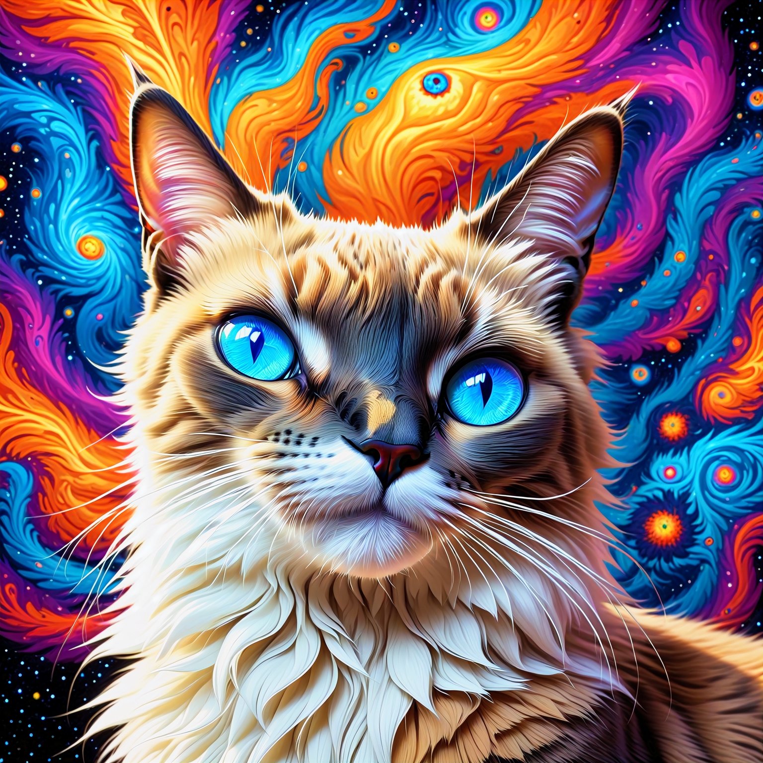 Psychedelic siamese space cat, staring intently, directly at you, soul piercing gaze, deep in thought, trippy, white orange gray colored fur, colorful, crazy cool vivid hot vibrant colors, on a cat nip acid trip, lsd dmt mdma 2cb hallucinatory psychedelic visual effects, as if viewer is on lsd dmt 2cb when looking at cat, whimsical, crazy, goofy, silly, kind of strange stupid funny weird look, wacky, awesome, peaking on psychedelic drugs, ultra-detailed, absurdres, best quality, vivid colors, vivid glowing mesmerizing blue eyes, intricate cosmic psychedelic details, spirit cat, best friend, love, psychedelic alien worlds, sprawling cosmic colorscapes