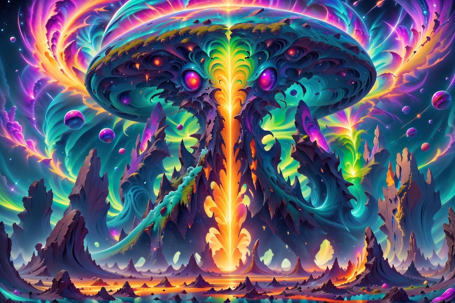 A cosmic landscape scene of an alien gooy ooze color slime goop melty dripping color world with vivid rich colors and ancient alien temple ruins, colorful world, crazy auroras in star filled sky, psychedelic colorscape, cosmic creatures, best quality, perfect detail, vivid color saturation, masterpiece, absurdres, Psychedelic alien worlds, sprawling cosmic colorscapes, (ultra-detailed), (ultrarealistic), ((best quality)), ((highest quality)), (intricate detail),Psychedelic alien worlds,Psychedelic alien worlds ,Sprawling cosmic colorscapes ,photorealistic,rayearth