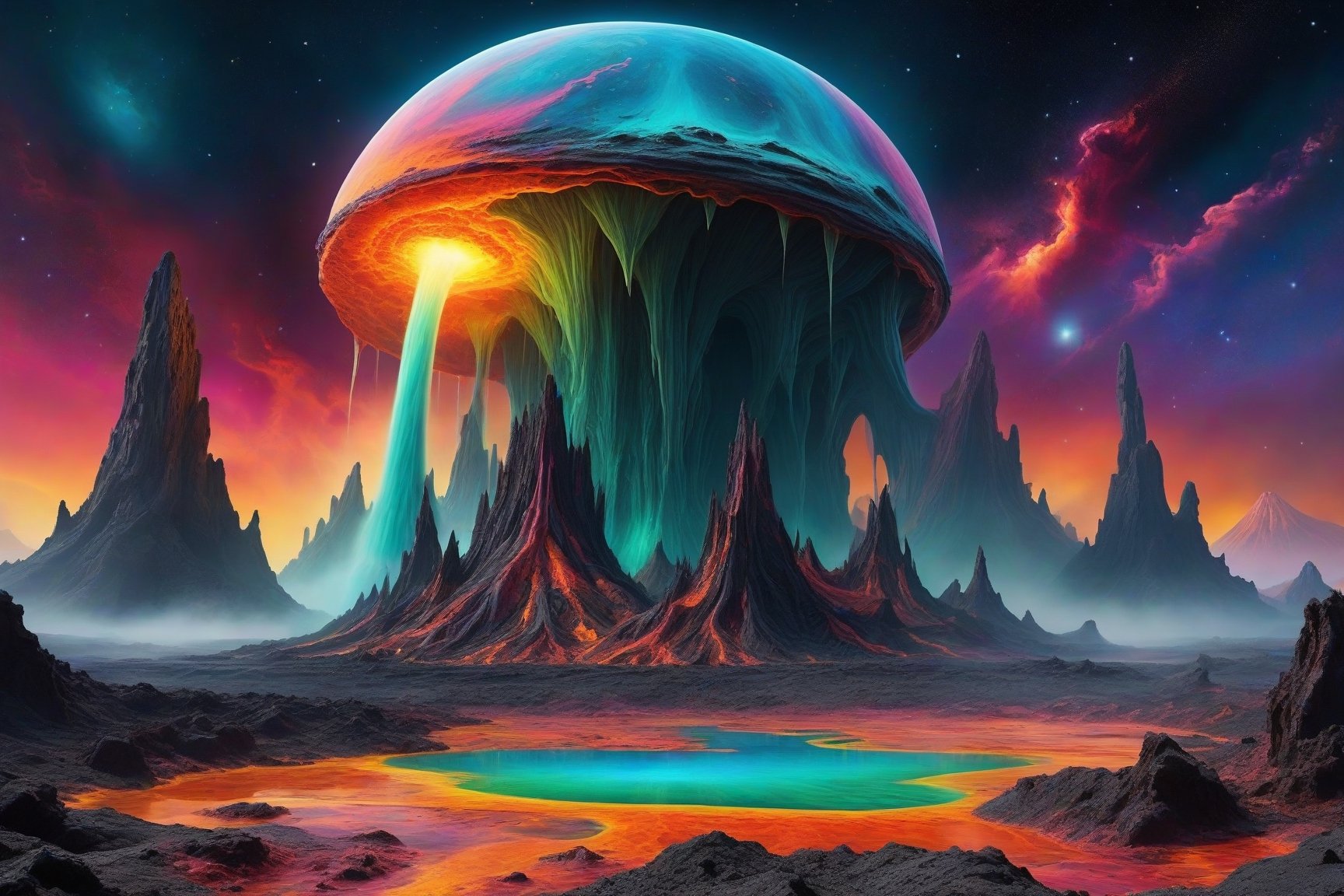 A cosmic landscape scene of an alien melty ooze magma slime geyser ooze volcano magical world, vivid rich colors, ancient abandoned unkown alien ruins, colorful goo slime ooze inferno world, close in orbit to a giant crazy star, crazy psychedelic auroras in star filled twilight sky, gushing goo geysers, flowing melty magma ooze rivers, huge looming slime spouting volcanic structures that defy comprehension, psychedelic colorscape, best quality, perfect detail, vivid color saturation, masterpiece, absurdres, Psychedelic alien worlds, sprawling cosmic colorscapes, ultra-detailed, intricate, elaborate, vivid, radiant, vibrant, smooth, no humans, partially anatomic ooze planet,Psychedelic alien worlds ,Sprawling cosmic colorscapes 