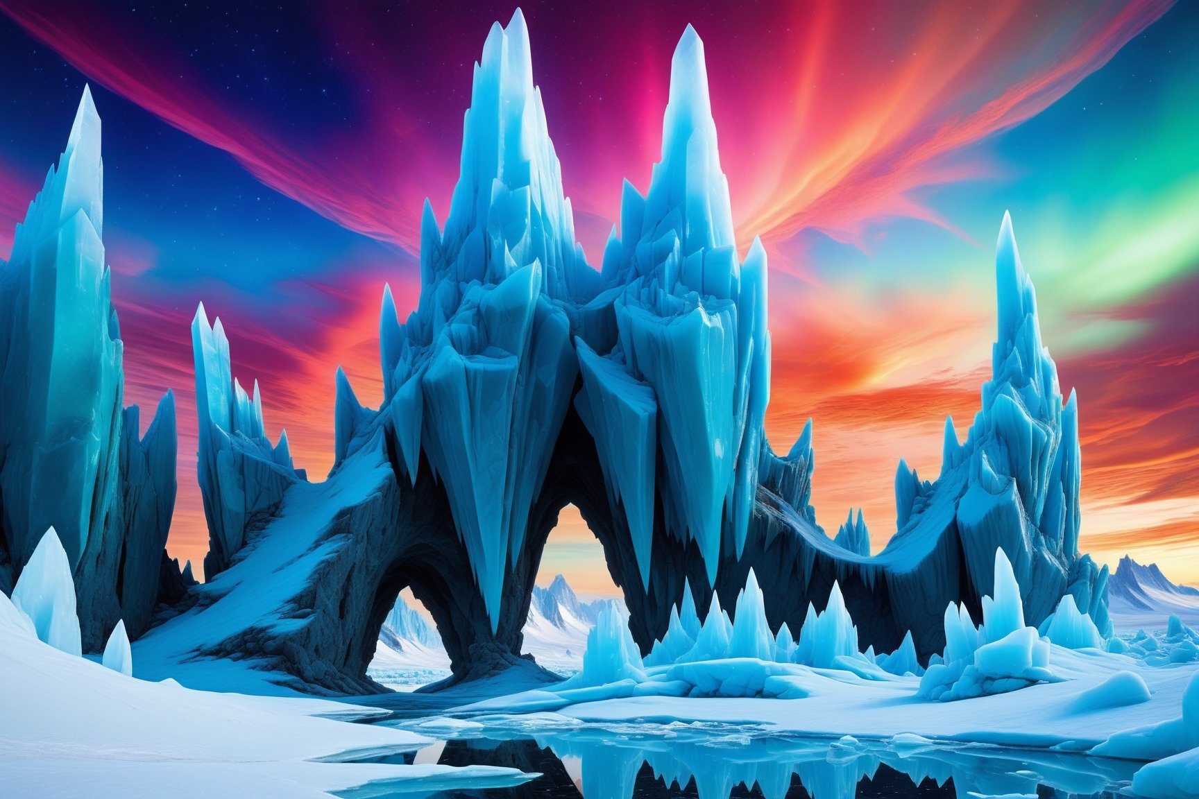 A cosmic landscape scene of an alien arctic frost bitten glacial shimmering frost ice magical world, vivid rich colors, ancient abandoned unkown vast frozen icy alien city ruins, colorful crazy eternal winter crystalline glass ice world, close in orbit to a giant crazy star in the sky, crazy psychedelic auroras in star filled twilight snowy sky, perhaps strange aliens or creatures completely frozen petrified like stone but ice encapsulated, celestial frozen reflective lake, huge jagged wacky ice crystal glass structures that defy comprehension, psychedelic colorscape, best quality, perfect detail, vivid color saturation, masterpiece, absurdres, Psychedelic alien worlds, sprawling cosmic colorscapes, ultra-detailed, intricate, elaborate, vivid, radiant, vibrant, smooth, no humans, frostscape, glacier glass crystal frost ice world, giant shards piercing the heavens, fog, mist, eerie, supernatural, haunting, ethereal ,Psychedelic alien worlds 