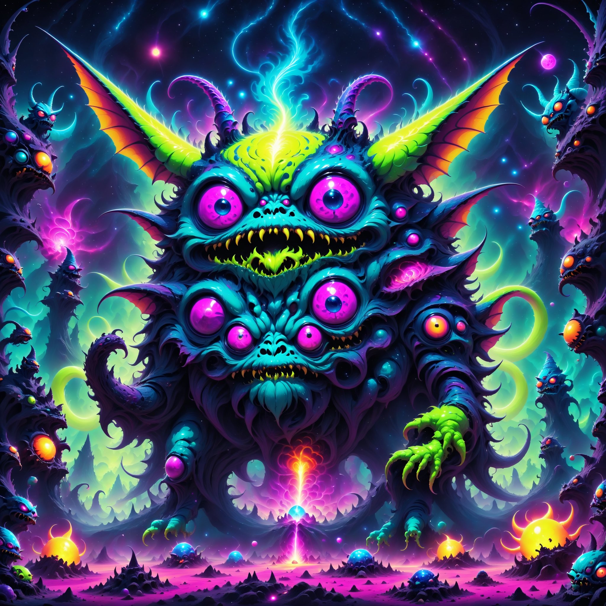 Using the full intensity and power of 80s retro vector neon vivid glowing neon style, take the collective imagery of psychedelic gremlins, trippy critters, hallucinatory ghoulies, and ultra psychedelic boglins toys and blend them all together with an enhanced focus on cuteness and strangeness into one ultimate glowing hot vibrant multi neon colored psychedelic 80s strange cute creature, like a mogwai mixed with a furbie and a gremlin and a ghoulie on neon infused lsd, ultra vivid hyper neon colors, cute, weird, silly, strange, psychedelic, absolute ultimate neon colored creature craziness, , (ultra-detailed), (best quality), ((masterpiece)), {{ultra-realistic}}, absolute perfection,  flawless precision, hyper realistic, intricate elaborate detailing,Fizzlespell style,CartooNuclear Meltdown style,Psychedelic Insanity style ,InsaniToon style ,Psychedelic alien worlds 