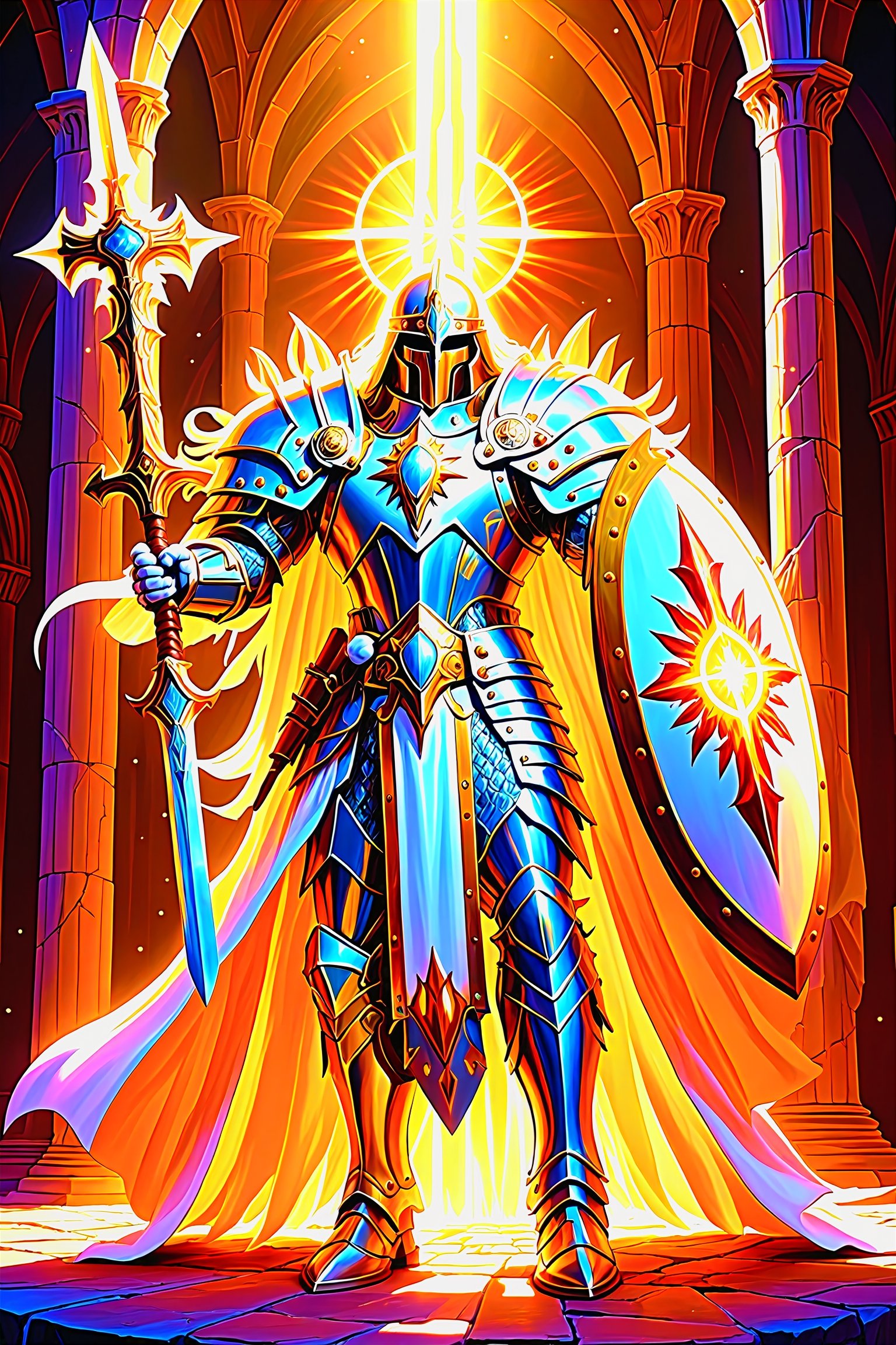 A paladin glowing holy light in Everquest classic box art style, power metal manowar judas priest iron maiden megadeath death carcass cover art style, best quality, psychedelic, vivid colors, trippy, colorful, original, unique, intriguing, showcase the radiant glory of this holy crusader, gleaming pristine shimmering plate armor, shield, glowing so brilliantly radiantly blinding white holy divine light from raised warhammer in hand, angelic divine heavenly holy city in the sky sunlight rays beams of light celestial beings ultimate godly divine power of justice and good and truth and righteousness, please get it right this time, psychedelic alien worlds, sprawling cosmic colorscapes, 3d toon style,   