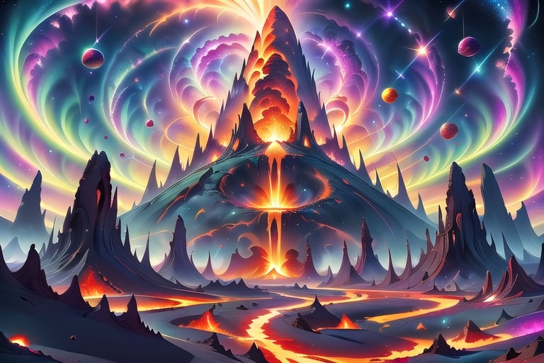 A cosmic landscape scene of an alien lava fire magma volcano world with vivid rich colors and ancient alien temple ruins, colorful world, crazy auroras in star filled sky, skeletal spires spiraling, psychedelic colorscape, cosmic creatures, best quality, perfect detail, vivid color saturation, masterpiece, absurdres, Psychedelic alien worlds, sprawling cosmic colorscapes, Crazy psychedelic enhanced cosmic colorscapes,Psychedelic alien worlds ,Sprawling cosmic colorscapes ,Psychedelic alien worlds