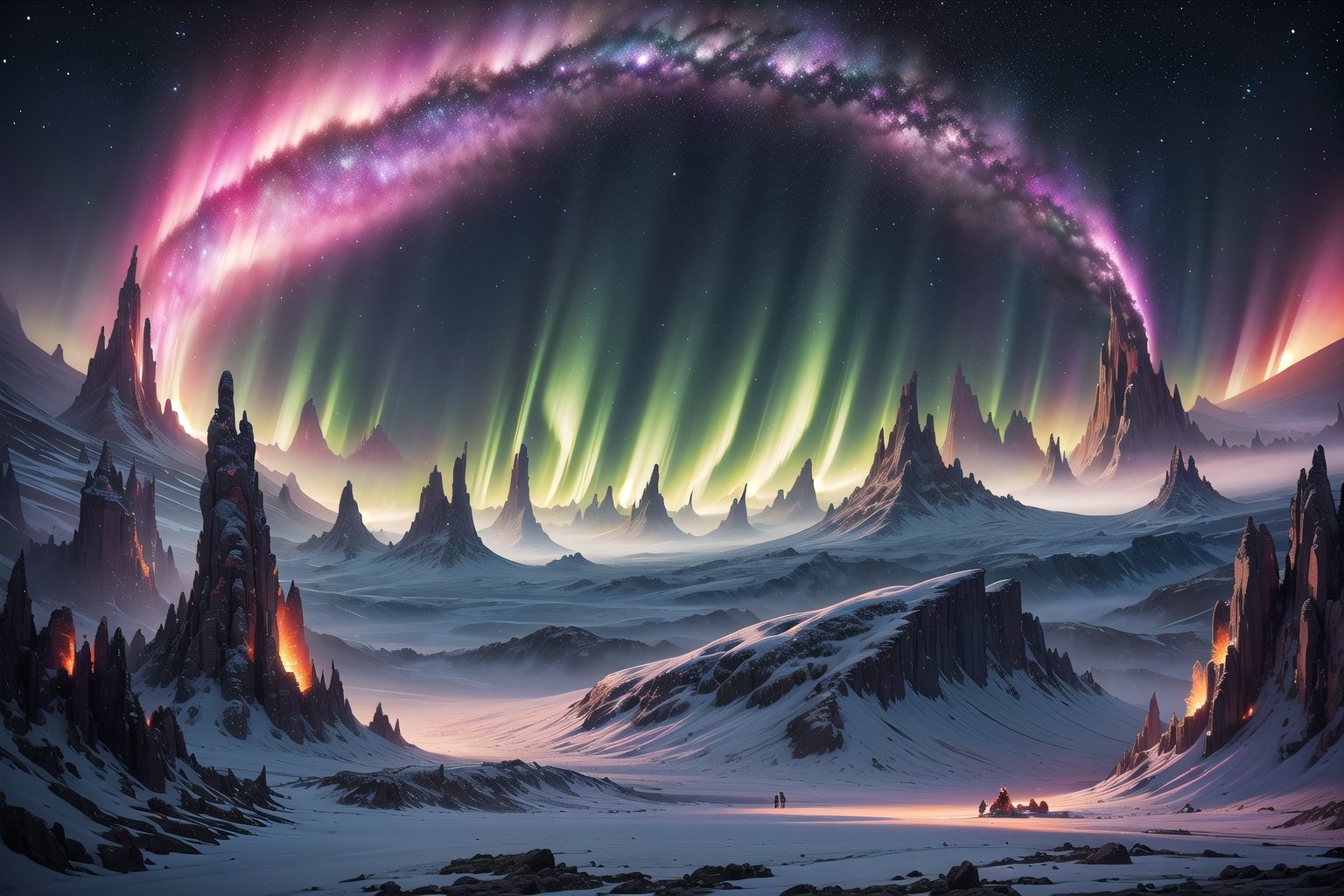 A cosmic landscape scene of an alien deep space frozen lava glacier volcano world with vivid rich colors and ancient alien temple ruins, colorful world, crazy auroras in star filled sky, psychedelic colorscape, cosmic creatures, best quality, perfect detail, vivid color saturation, masterpiece, absurdres, Psychedelic alien worlds, sprawling cosmic colorscapes, (ultra-detailed), (ultrarealistic), ((best quality)), ((highest quality)), (intricate detail),Psychedelic alien worlds,Psychedelic alien worlds ,Sprawling cosmic colorscapes ,photorealistic