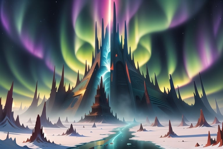 A cosmic landscape scene of an alien ice frozen world with vivid rich colors and ancient alien temple ruins, colorful world, crazy auroras in star filled sky, skeletal spires spiraling, psychedelic colorscape, cosmic creatures, best quality, perfect detail, vivid color saturation, masterpiece, absurdres, Psychedelic alien worlds, sprawling cosmic colorscapes, Crazy psychedelic enhanced cosmic colorscapes,Psychedelic alien worlds ,Sprawling cosmic colorscapes ,Psychedelic alien worlds