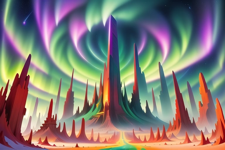 A cosmic landscape scene of an alien world with vivid rich colors and ancient alien temple ruins, colorful world, crazy auroras in star filled sky, skeletal spires spiraling, psychedelic colorscape, cosmic creatures, best quality, perfect detail, vivid color saturation, masterpiece, absurdres, Psychedelic alien worlds, sprawling cosmic colorscapes, Crazy psychedelic enhanced cosmic colorscapes