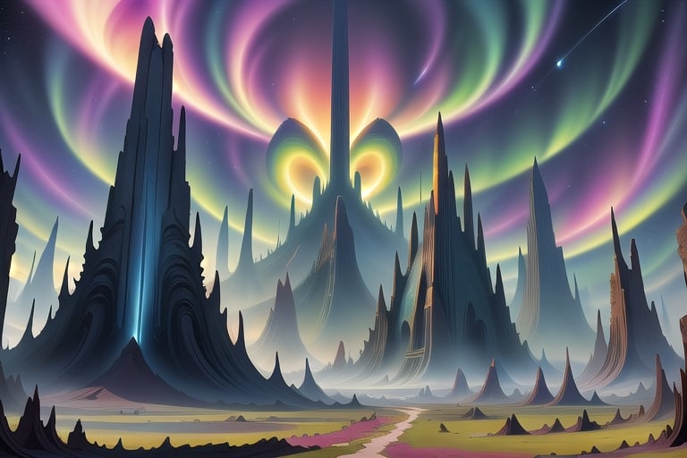 A cosmic landscape scene of an alien swamp forest jungle overgrown world with vivid rich colors and ancient alien temple ruins, colorful world, crazy auroras in star filled sky, skeletal spires spiraling, psychedelic colorscape, cosmic creatures, best quality, perfect detail, vivid color saturation, masterpiece, absurdres, Psychedelic alien worlds, sprawling cosmic colorscapes, Crazy psychedelic enhanced cosmic colorscapes,Psychedelic alien worlds ,Sprawling cosmic colorscapes ,Psychedelic alien worlds