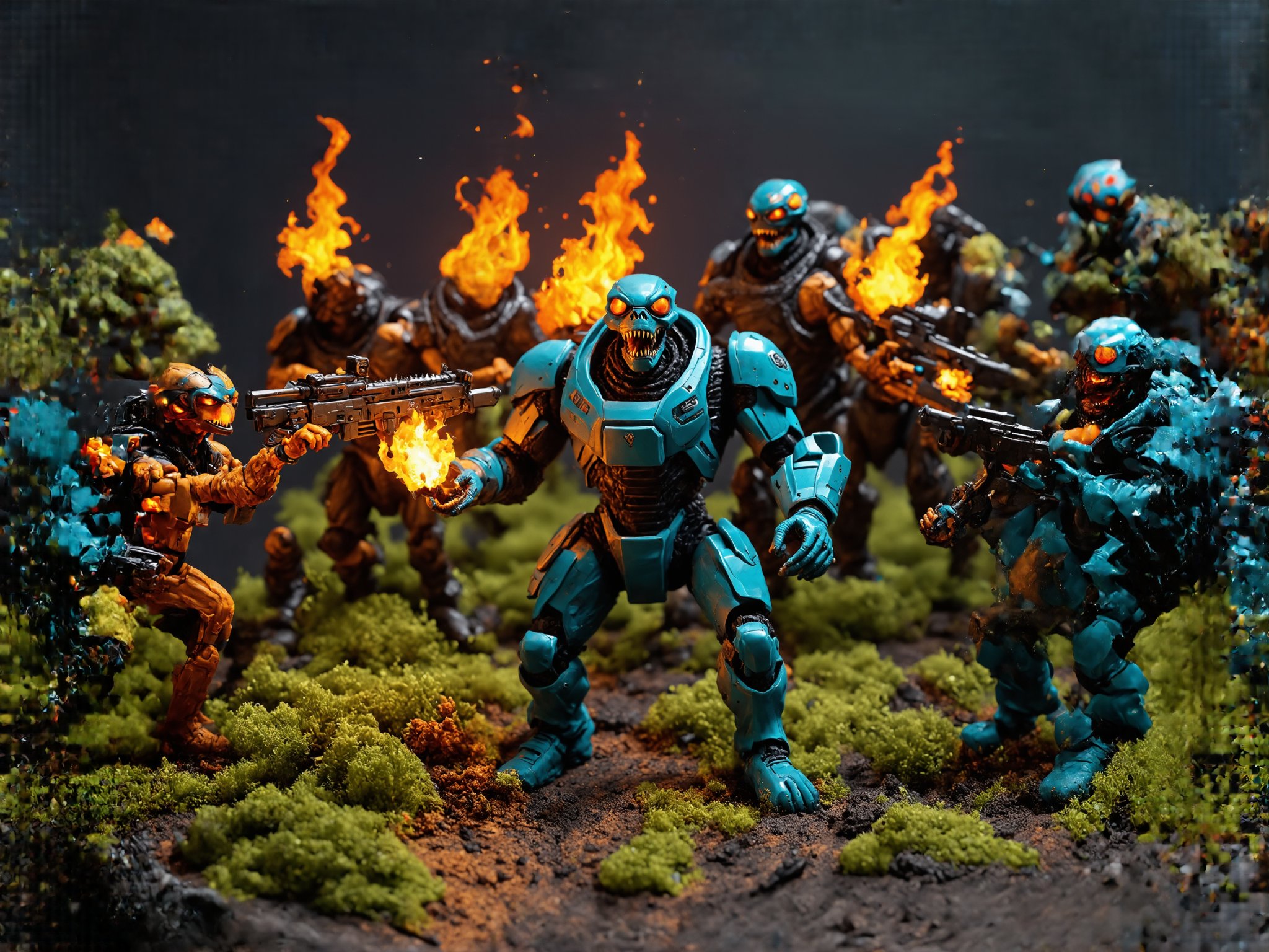 an intense epic mid battle in combat scene of a small squad of exosuit wearing futuristic human soldiers with advanced weaponry and heavy suits of space armor similar to space marine, fighting back against a giant hoarde of invading alien creatures, and attacking mutated monsters, maddening cosmic creature horrors, terrifying trippy extraterrestrial abominations, vile deformed ooze monsters, blobs of poisonous slime, giant sharo fanged multi eyed beasts, all manner of evil demented twisted otherworldy creature is overrunning the last defense outpost and this small squad of super soldier marine troopers is holding the line with their flamethrowers and miniguns and laser weapons and chainsaw swords and such, it is a vivid intense epic cinematic wartorn masterpiece of stop motion claymation animation action figurine type diorama display aesthetic look grandiose and vast crowded complex composition, Claymutation